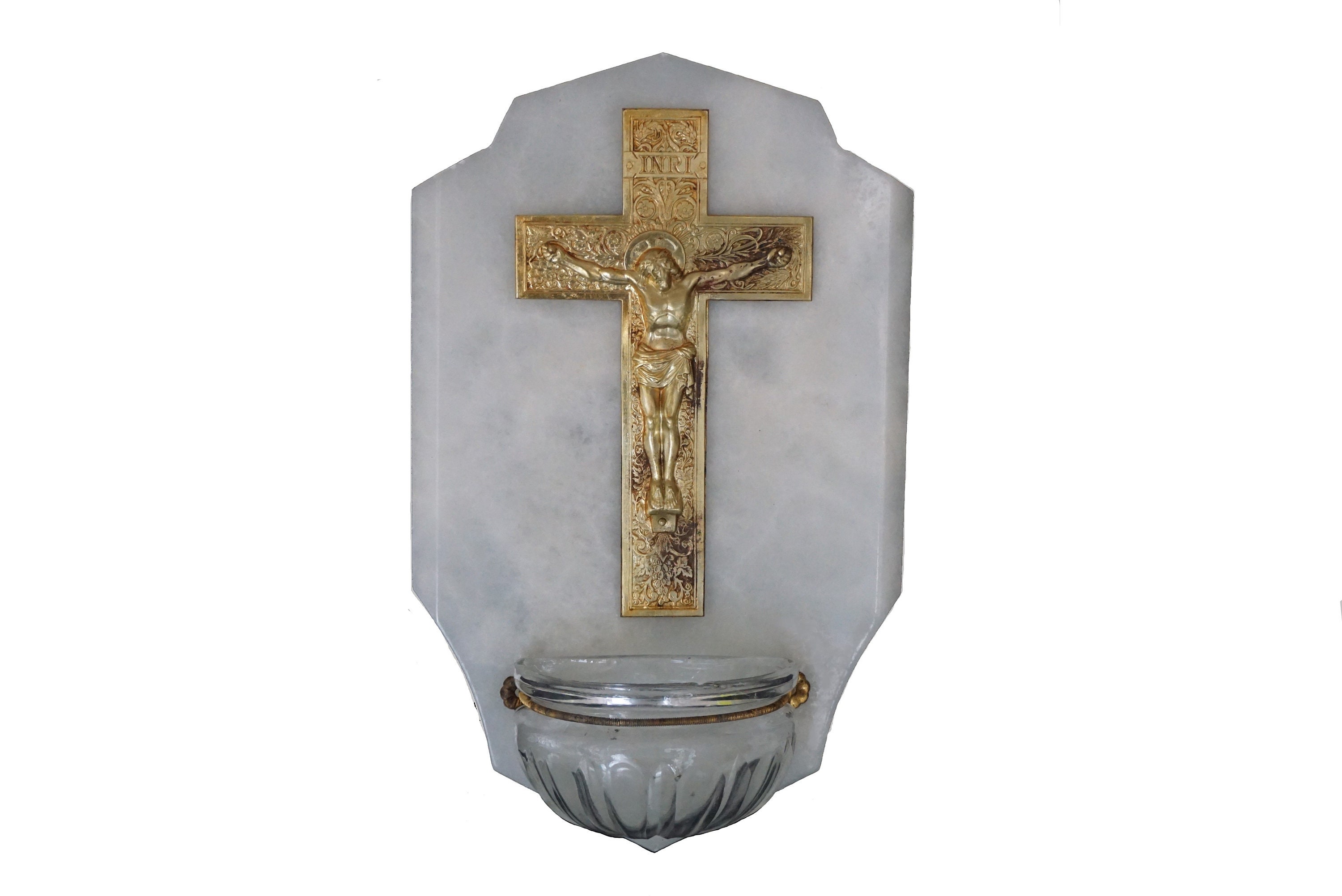 French Antique Holy Water Font with Brass Crucifix, Wall Hanging Cross