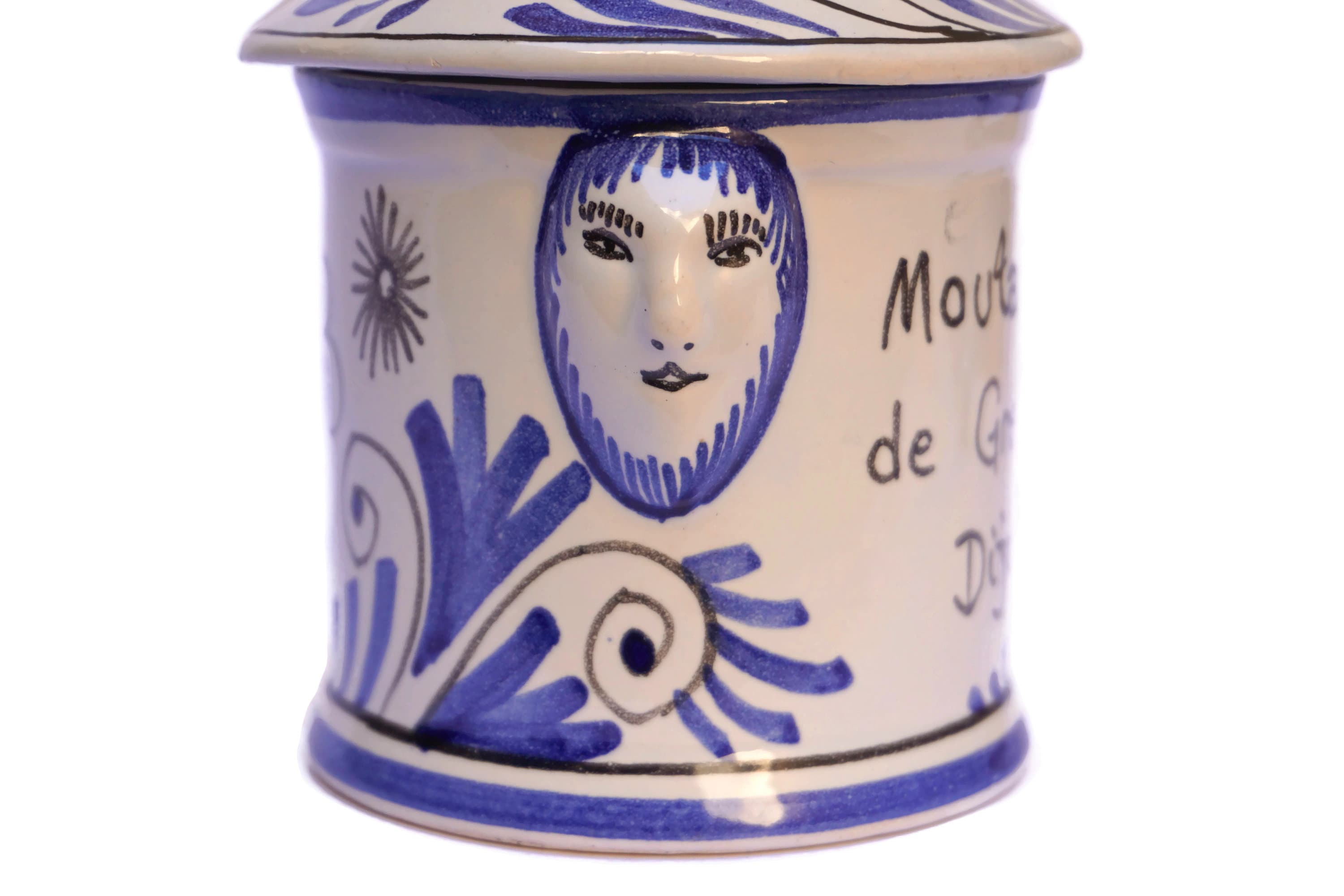 French Faience Dijon Mustard Pot, Hand Painted Blue and White Pottery Jar
