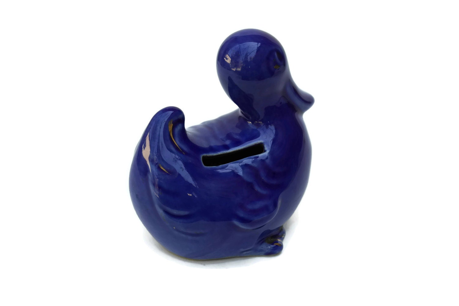 French Antique Duck Smash Money Box, Ceramic Piggy Bank, Blue Duck Figurine