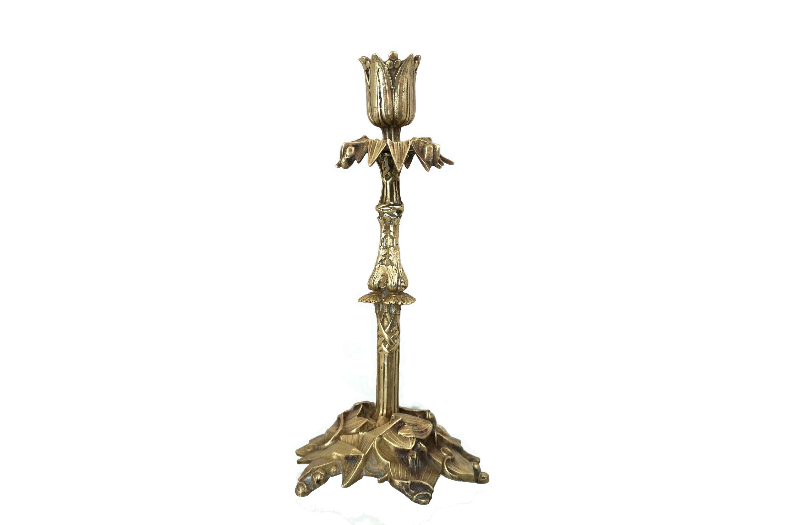 Antique French Bronze Candle Holder with Leaves and Berries, 19th