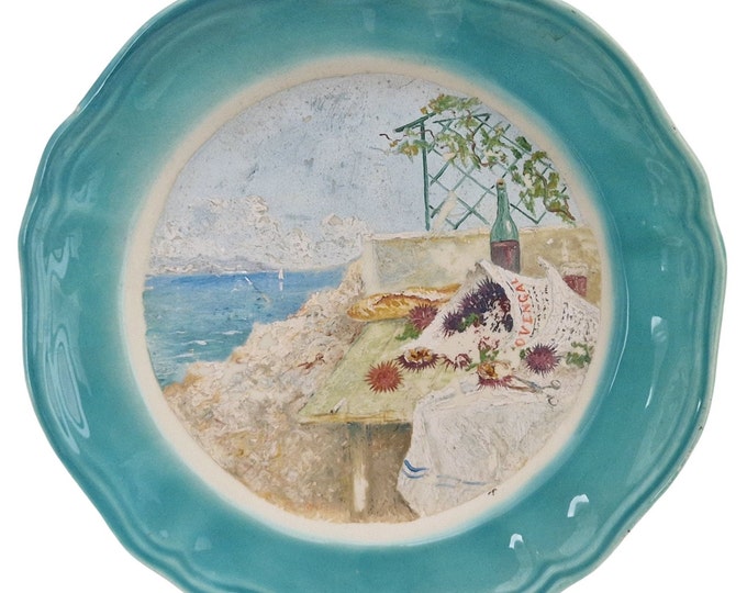 Hand Painted French Porcelain Wall Plate with Mediterranean Coastal Seascape