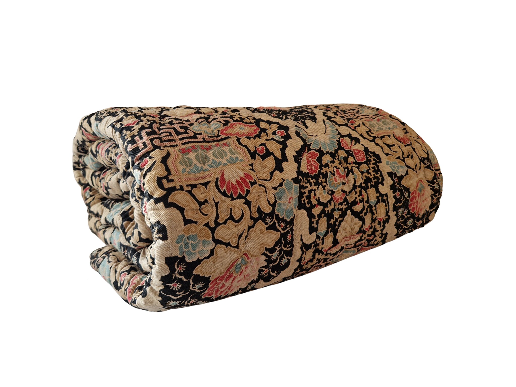 Antique French Boutis Quilt with Chinoiserie Printed Cotton, Hand Made