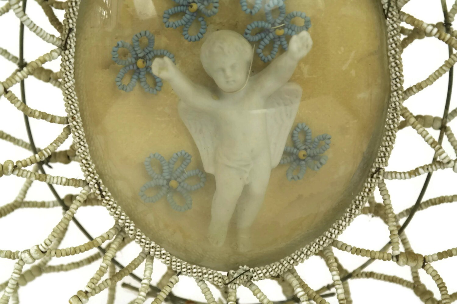 Antique French Beaded Funeral Wreath with Flowers and Porcelain Cherub