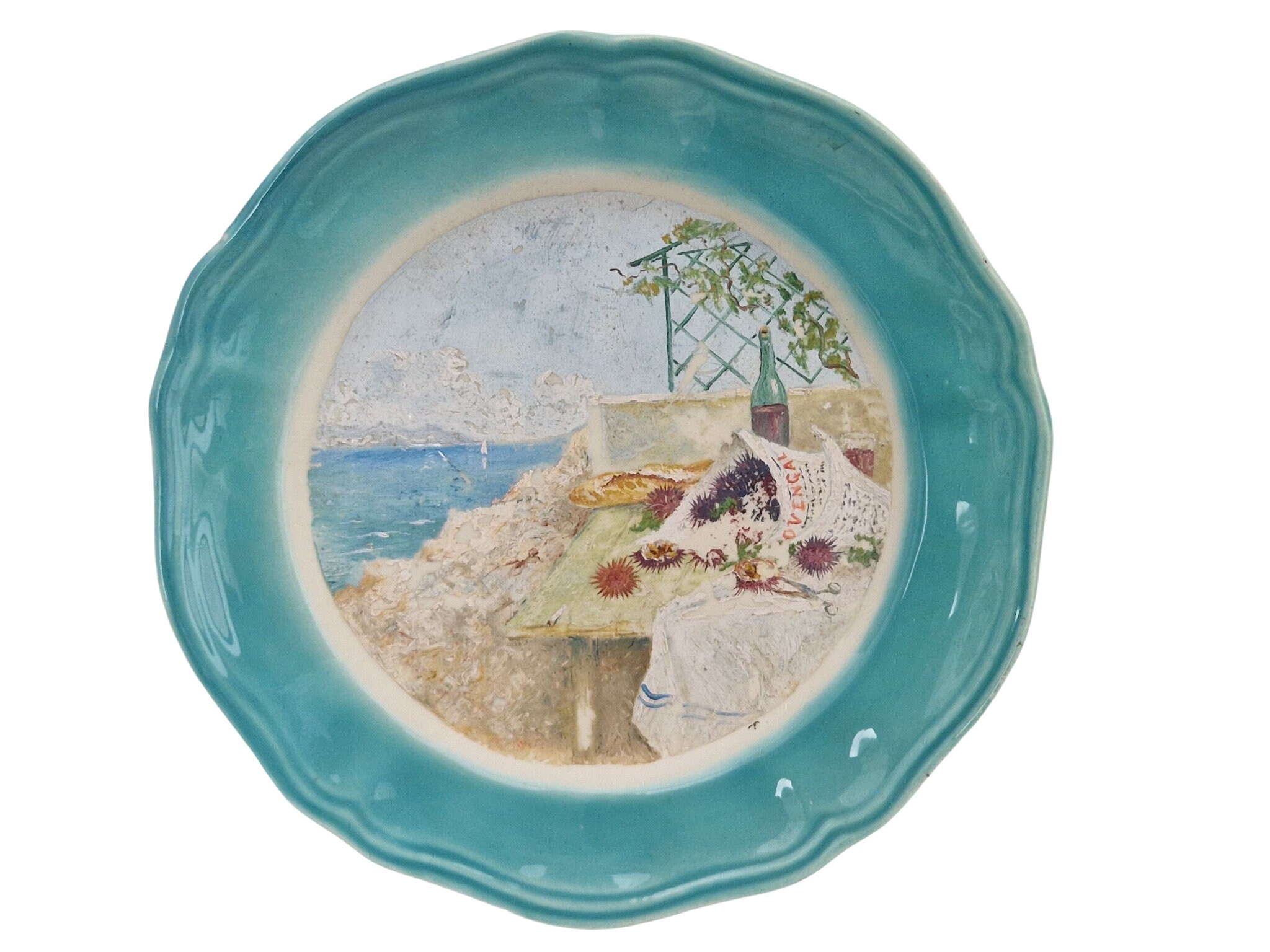 Hand Painted French Porcelain Wall Plate with Mediterranean Coastal
