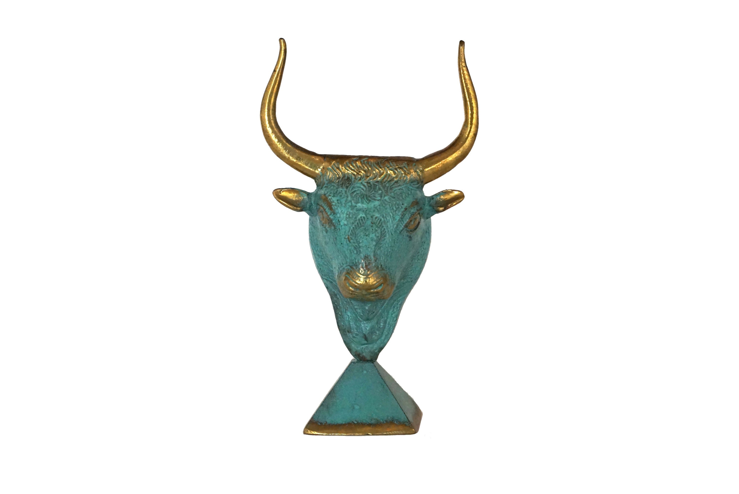 Brass Bull Head Statue, Vintage Greek Minotaur Minoan Art Reproduction