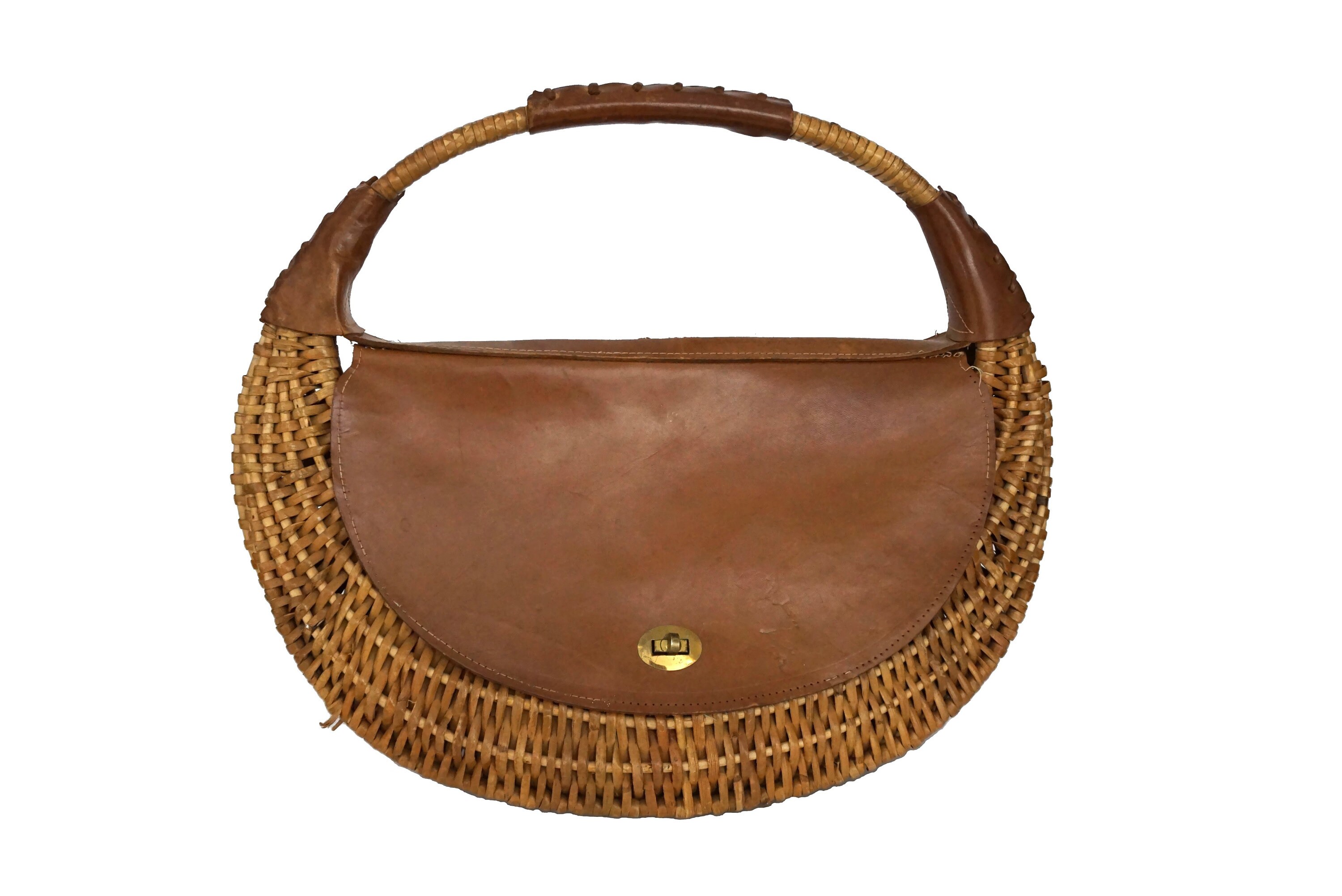 Leather and Wicker Shoulder Bag, French Mid Century Basket Purse