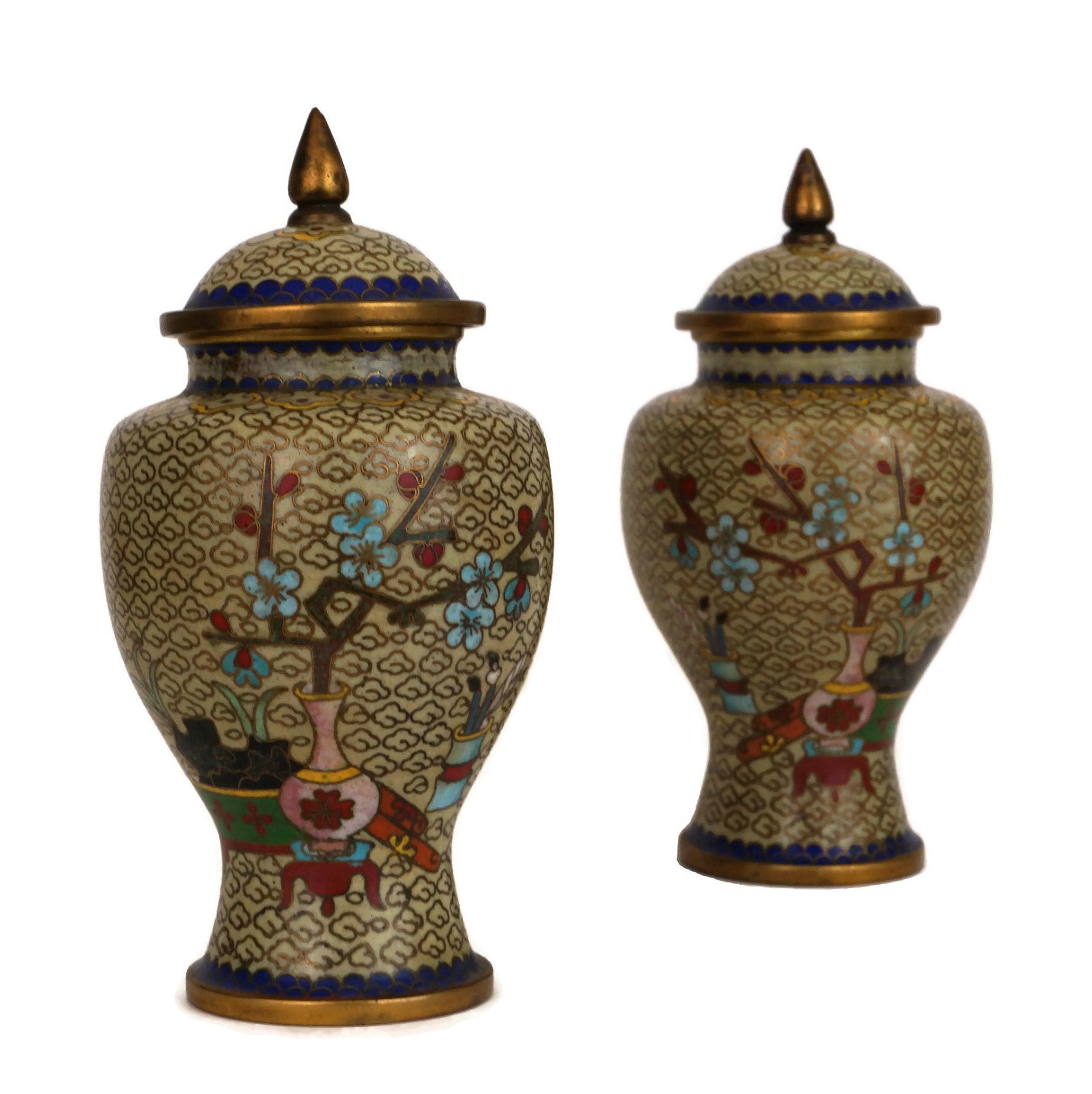 RESERVED for Maysra. Vintage Chinese Cloisonne Urn Pair, Cherry
