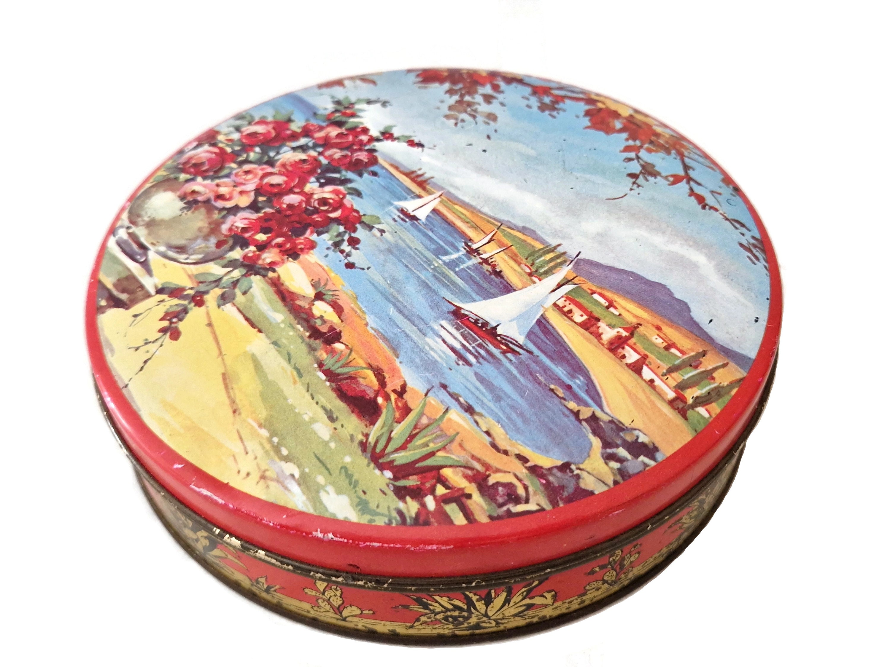 Vintage French Candy Tin Box with Sailing Boats and Mediterranean