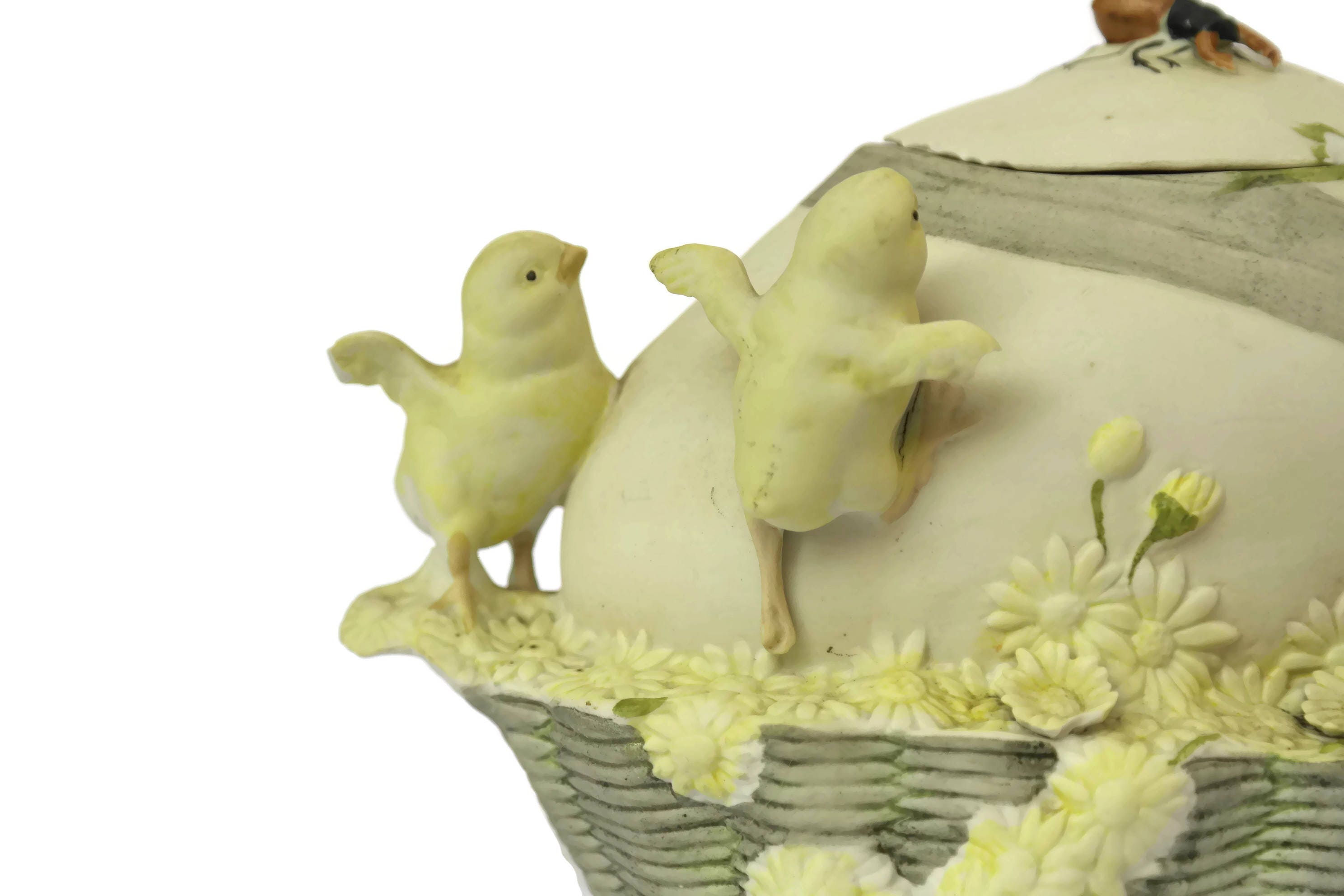 Porcelain Easter Egg Box with Chick Figures. Antique Bisque Trinket Box
