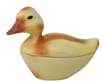 French Faience Duckling Tureen by Michel Caugant, Yellow Duck Figurine