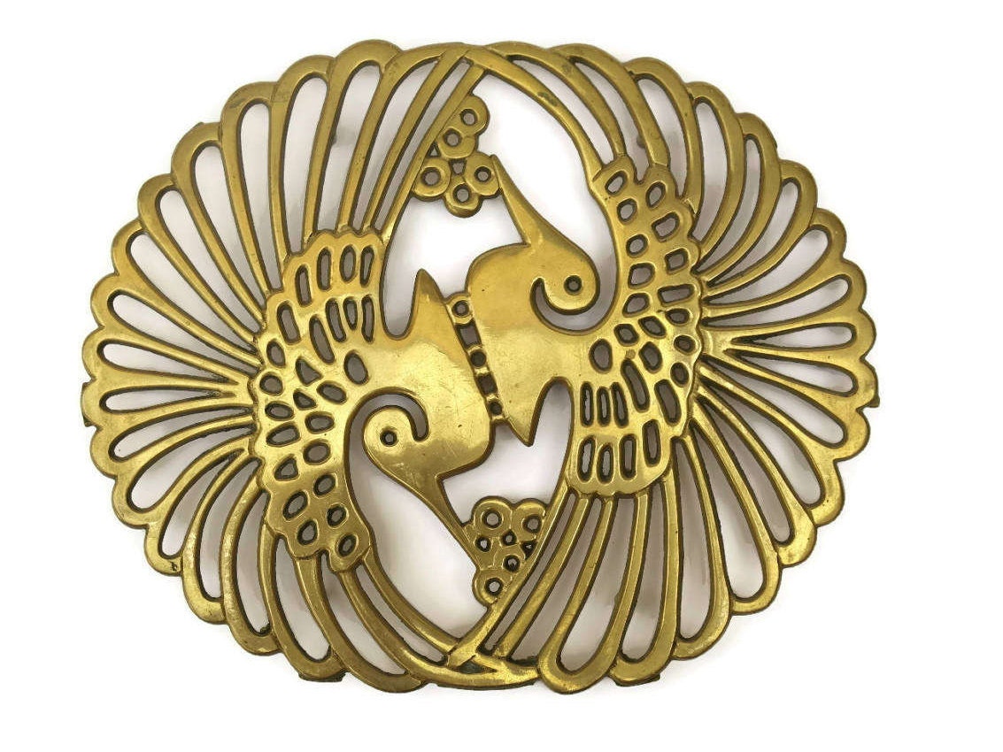 Vintage Brass Peacock Trivet Pot Rest.