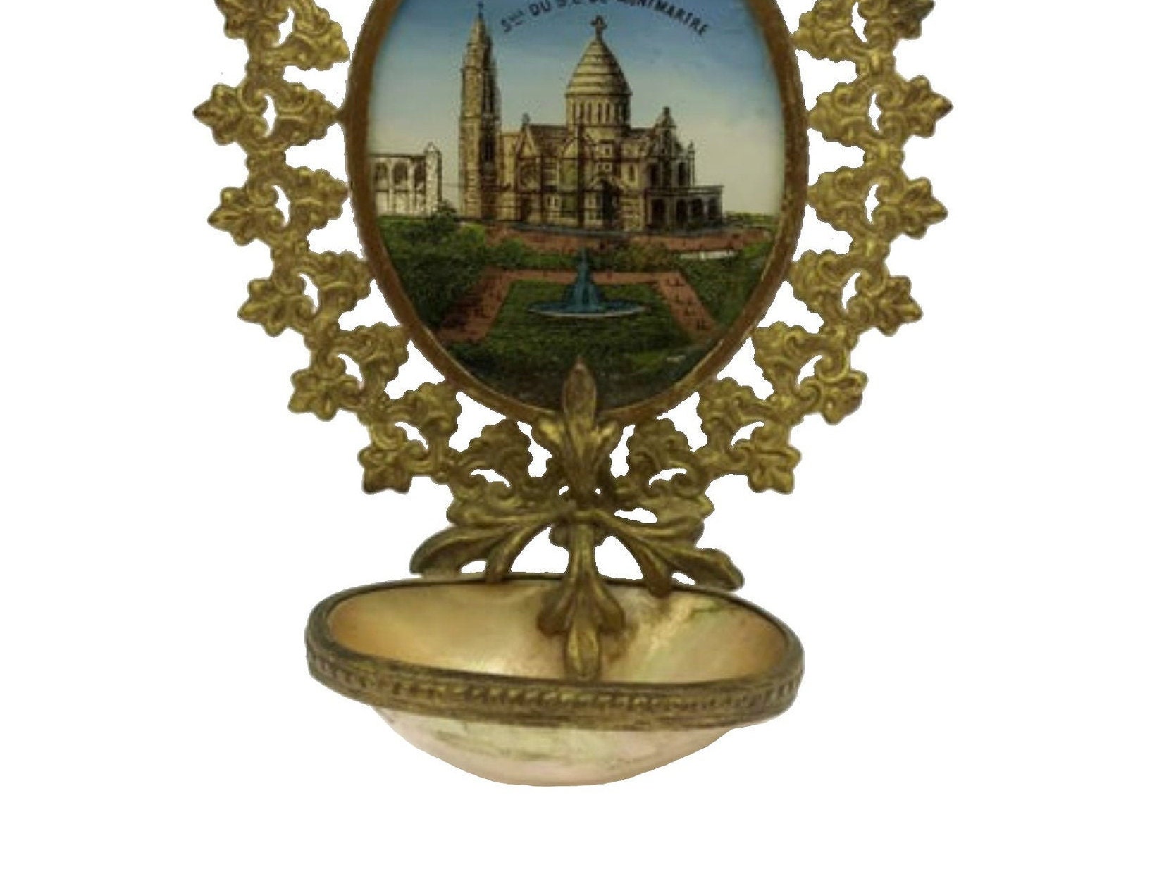 Antique French Ormolu Holy Water Font, Souvenir of Sacred Heart