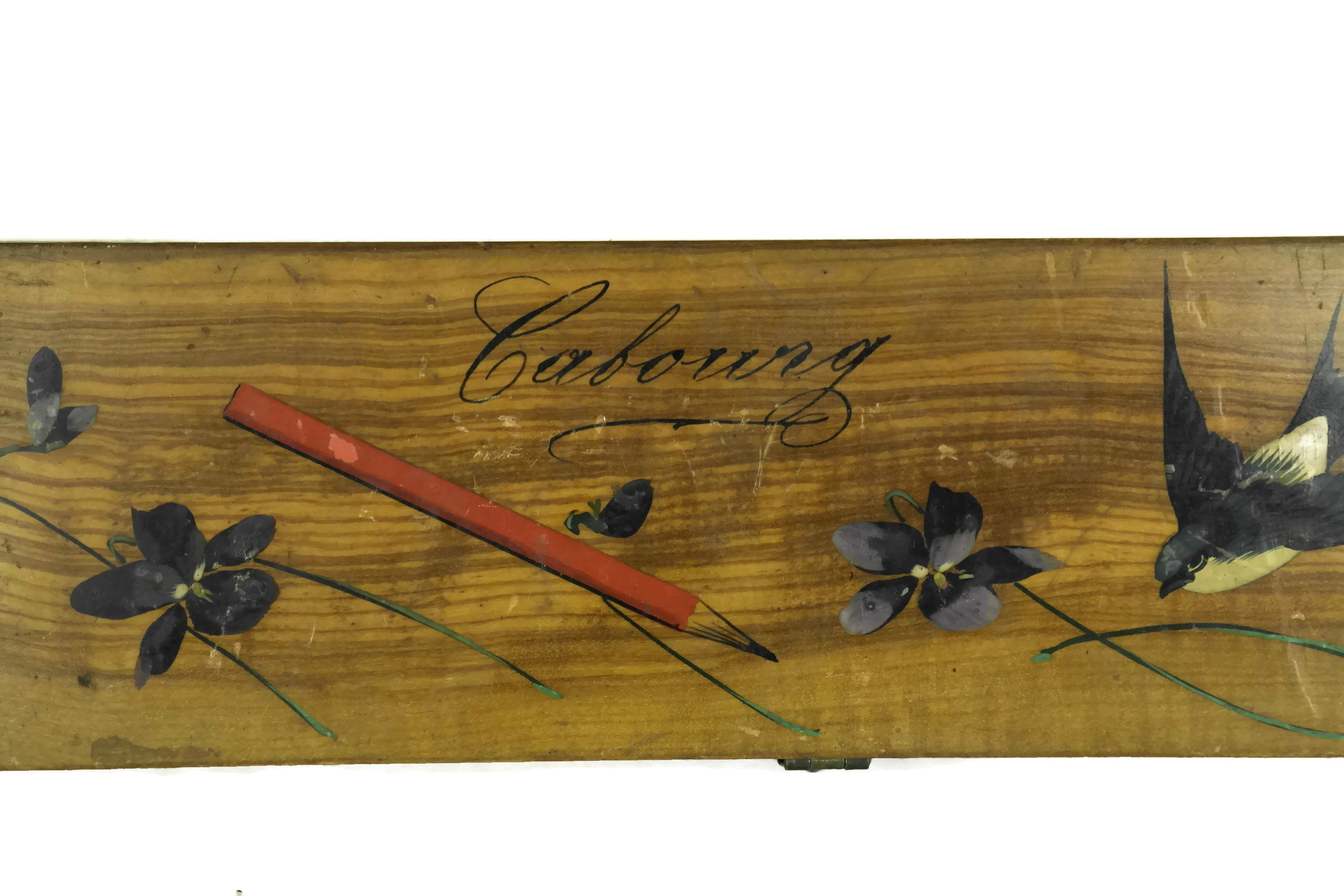 French Antique Pencil Case. Hand Painted Wooden Pen Holder Box with