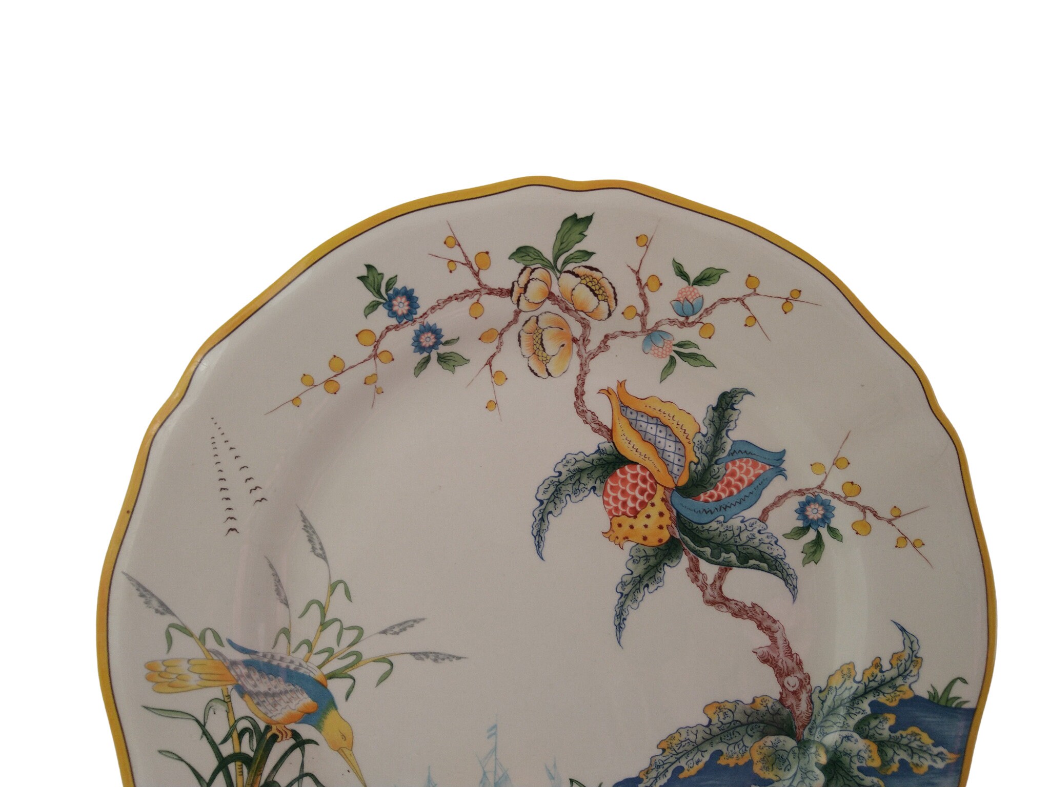 Vintage French Dinner Plate by Gien, Carabbean Pattern With Birds on