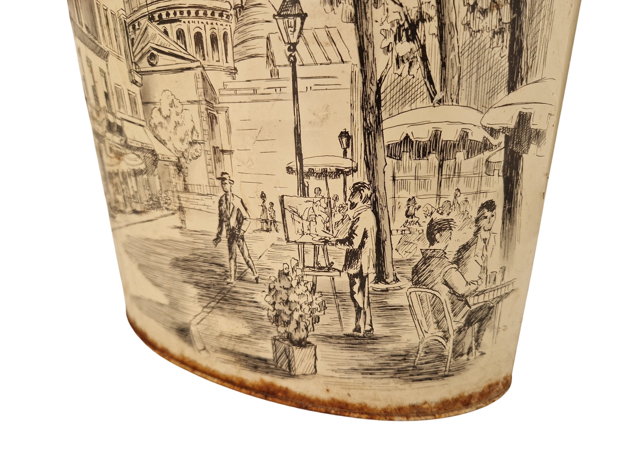 Vintage Shabby French Tole Waste Basket with Montmartre Paris Landscape