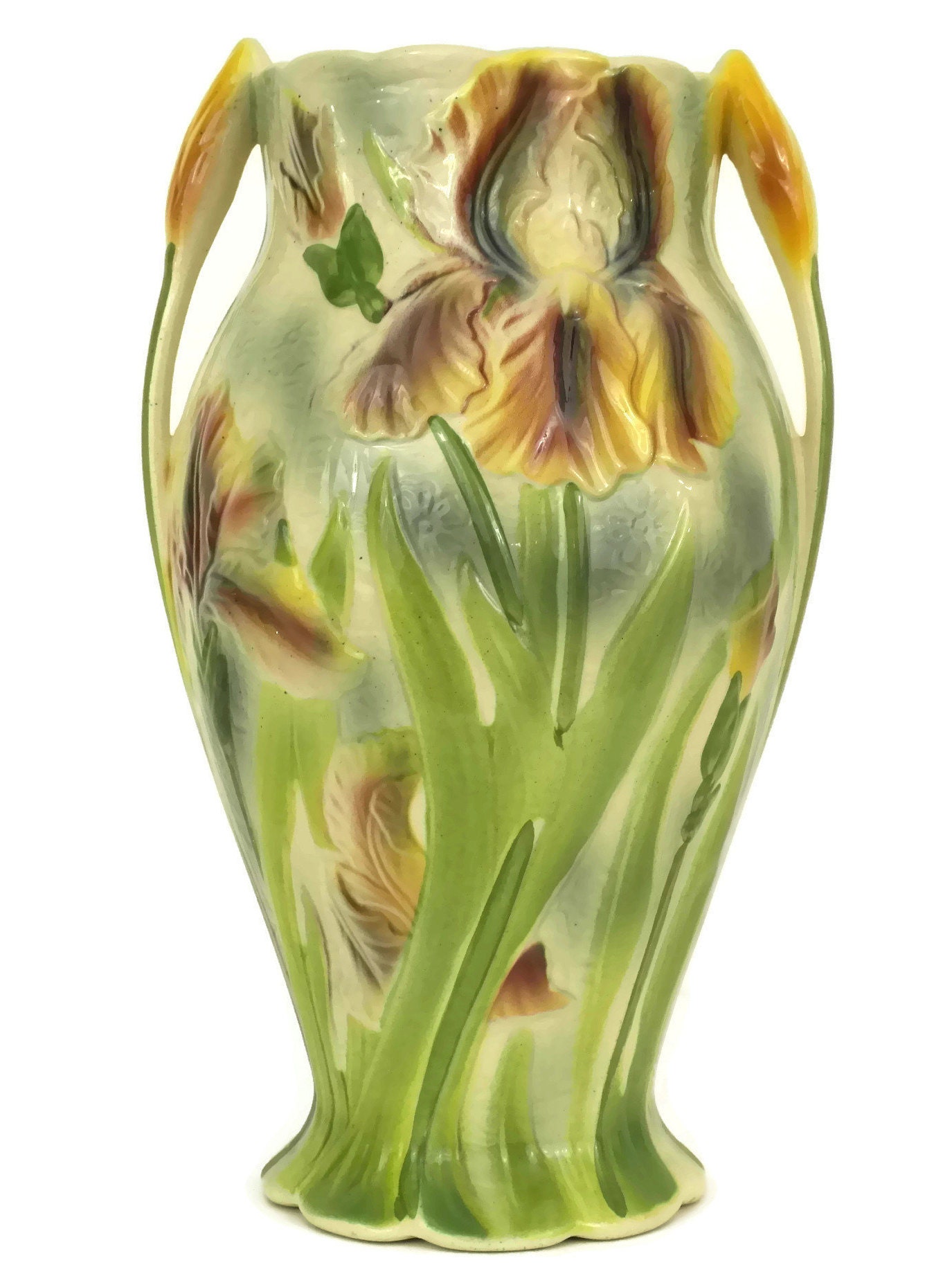 French Majolica Vase with Art Nouveau Iris Flower Decor. St Clement