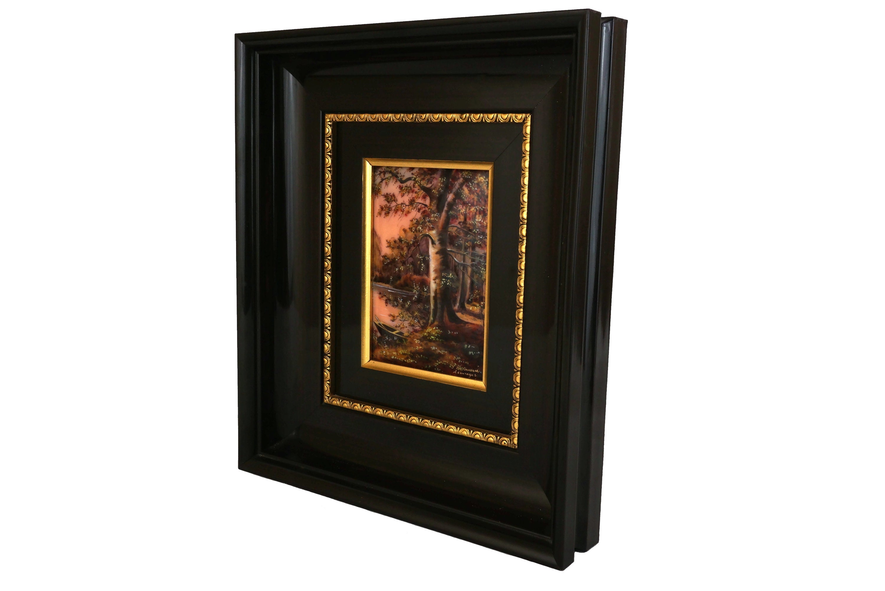 Hand Painted French Limoges Enamel Wall Art with River, Trees and