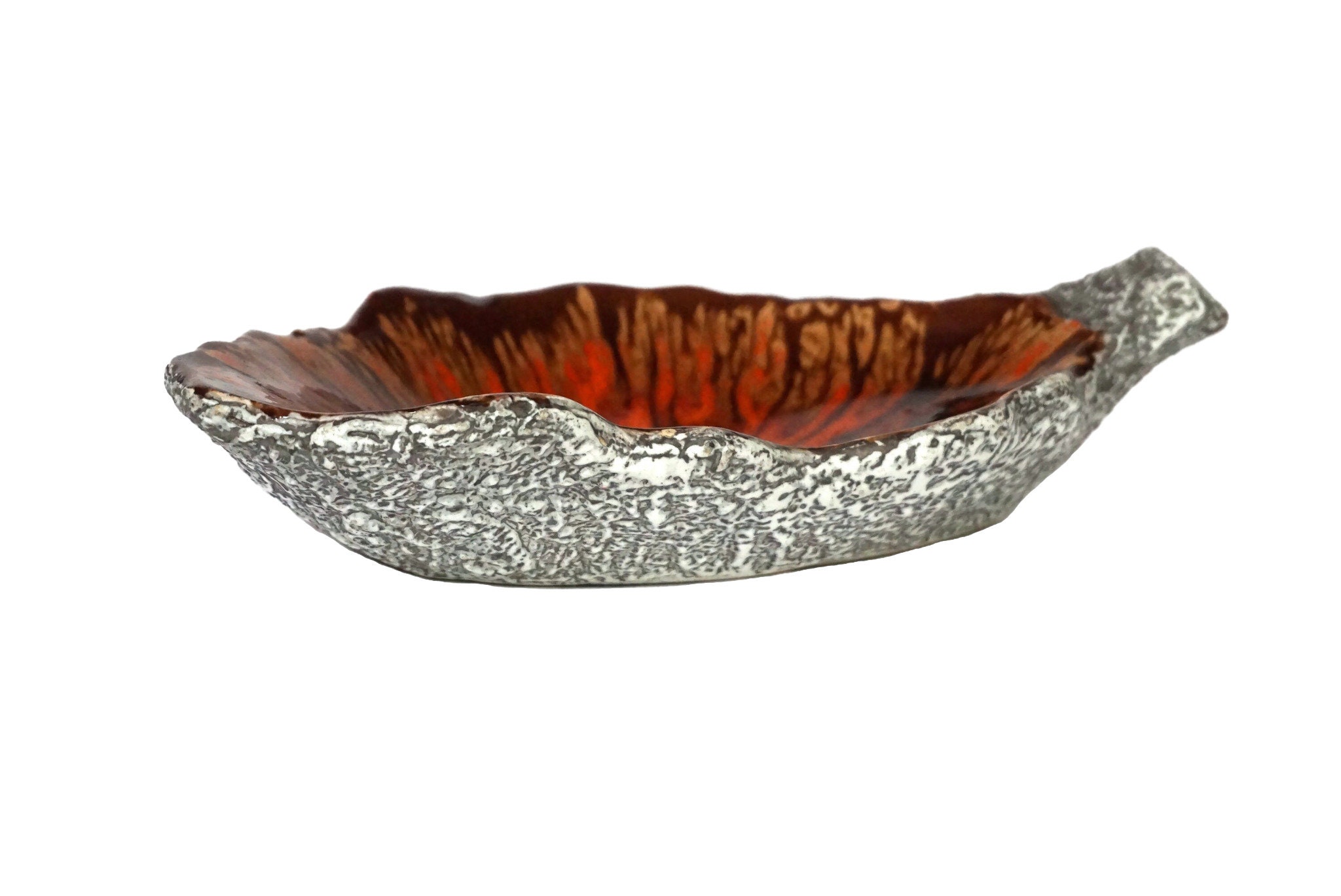 1950S Français Pottery Leaf Coin Dish, Mid Century Ceramic Fat Lava Glaze