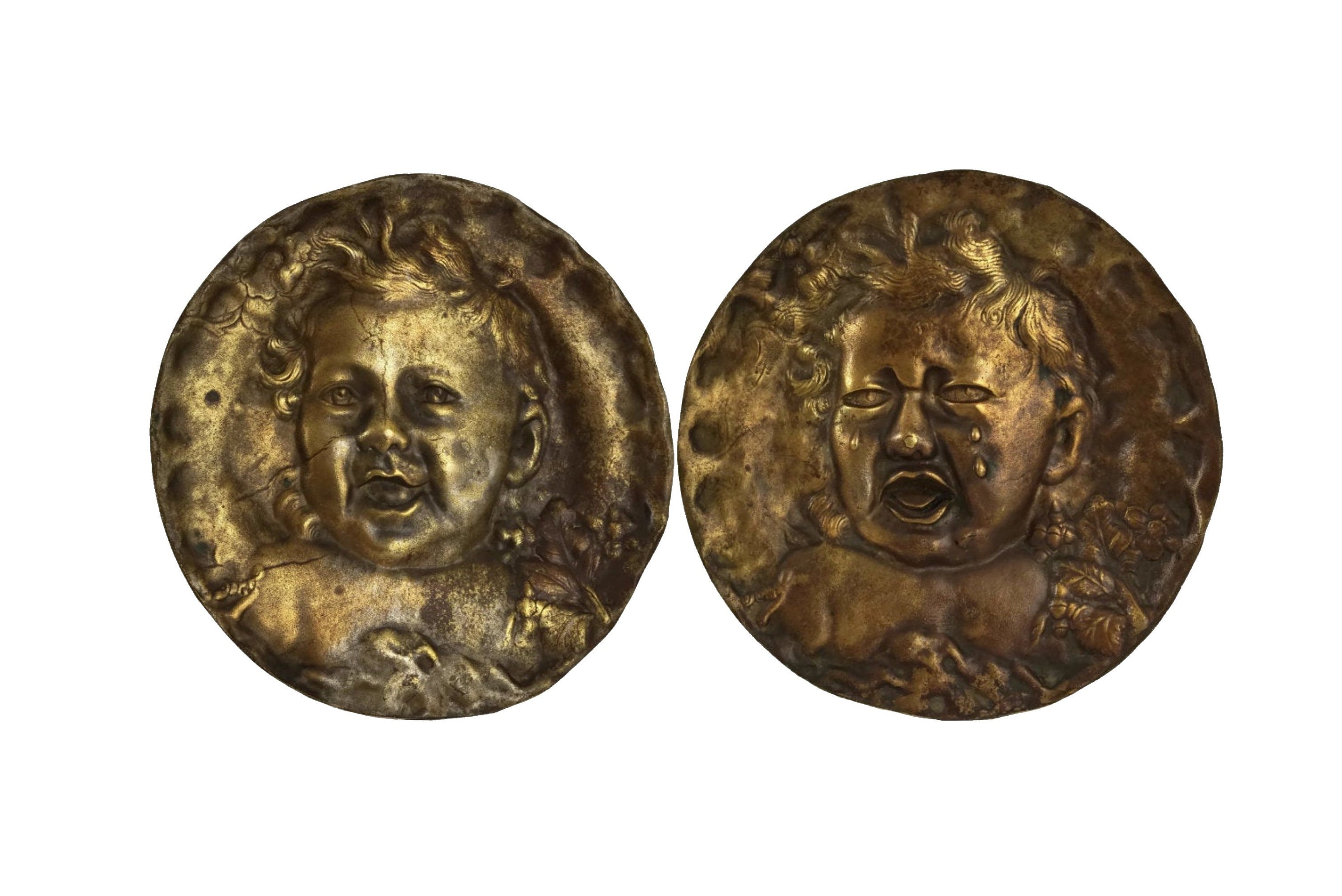 Plaques Murales de Portraits Bébés Rieurs et Pleurants Par Emile Derre, Français Plaques Bronze Anti