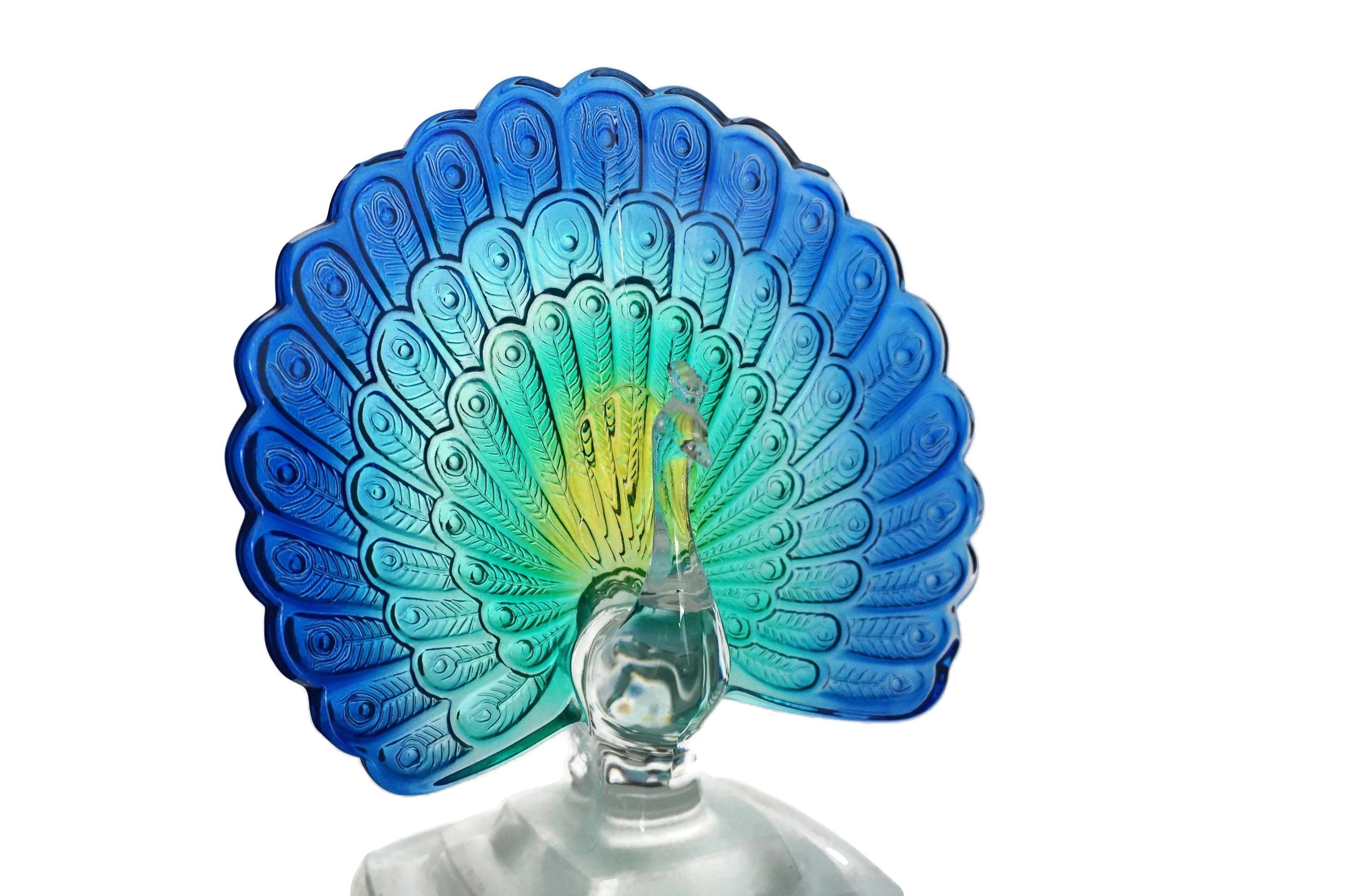 French Crystal Peacock Figurine by Cristal D'Arques, Blue Glass Bird Statue