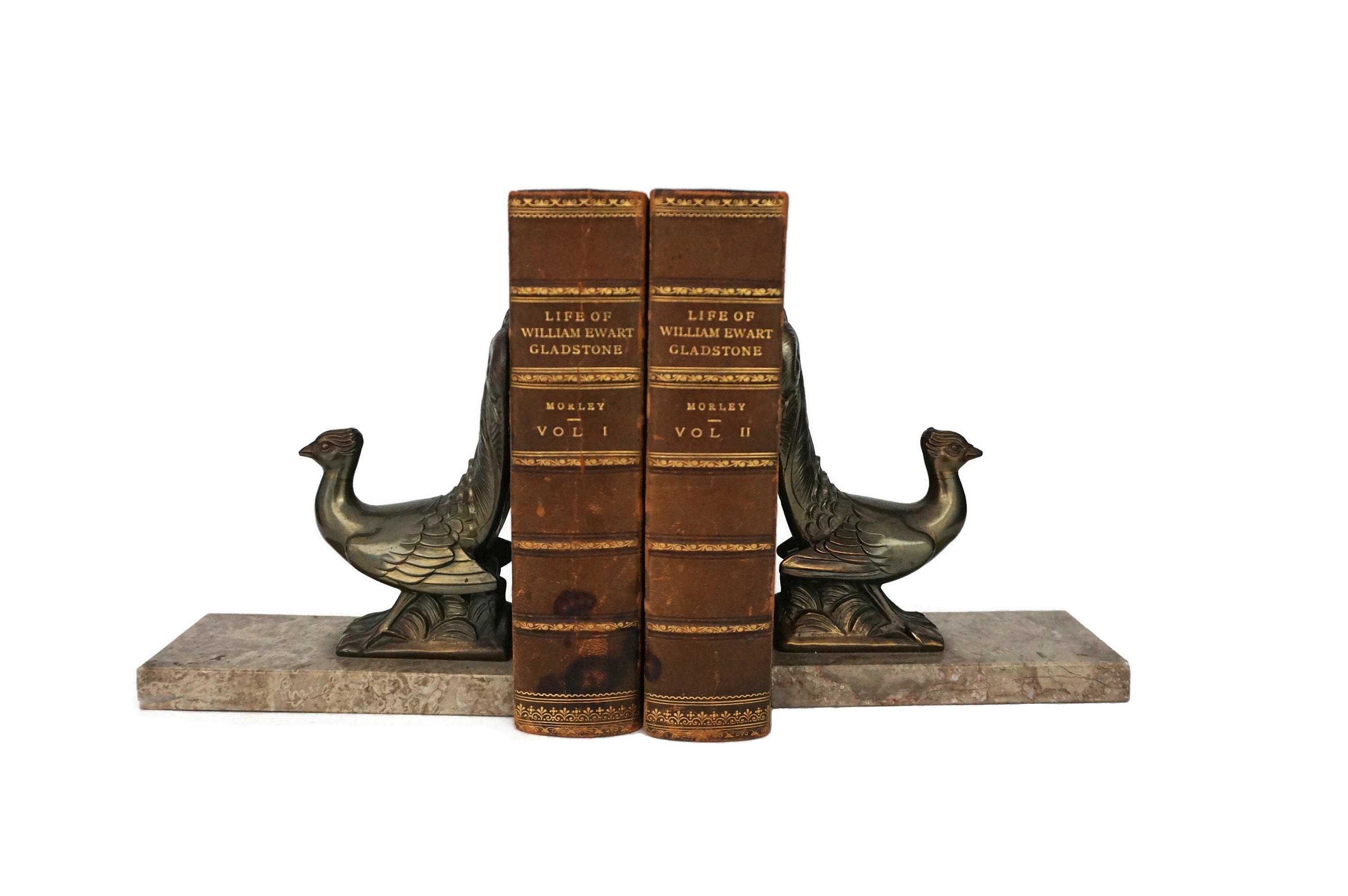 Art Deco Peacock Figurine Bookends, Pair of French Marble and Bird
