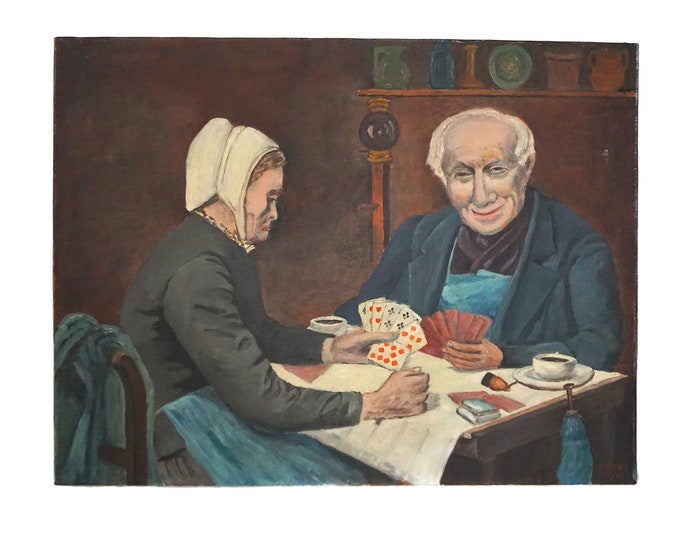 Old Couple Card Players Painting, French Elderly Man and Woman Portrait Wall Art