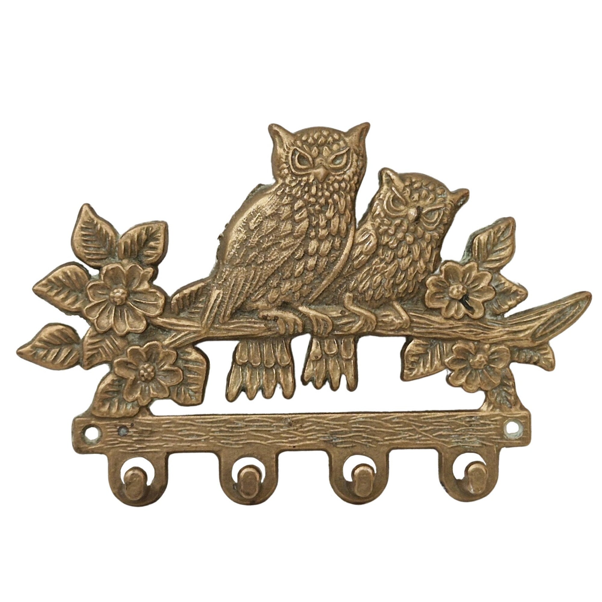 Brass Owls Key Hooks, Vintage Key Display Rack, Barn Wall Hanging Decor