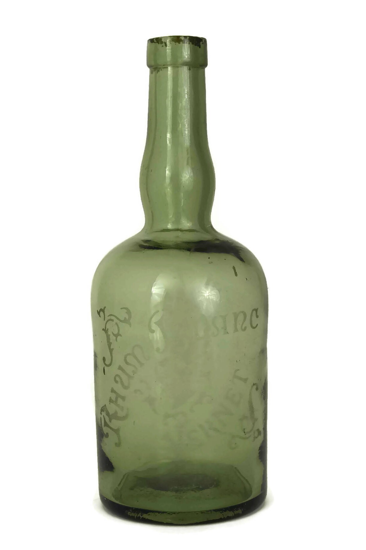Antique Rum Bottle. Etched Green Glass Rhum Blanc Bottle. French