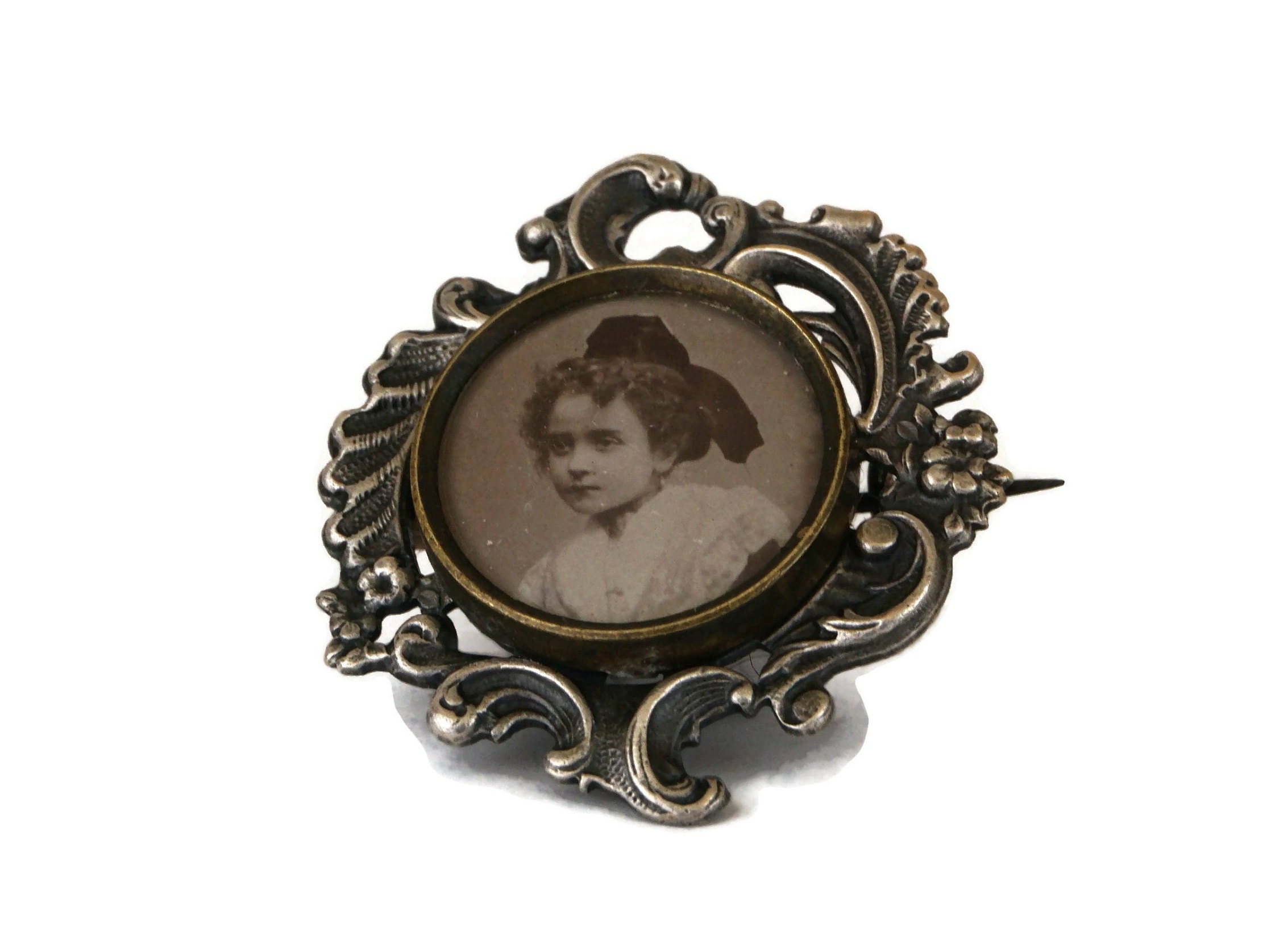 Antique Silver Photo Frame Brooch with French Girl Portrait, Victorian