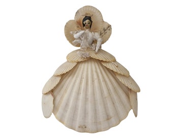 Antique Sea Shell Bride Figurine, French Seashell Art Coastal Souvenir, Victorian Wedding Doll