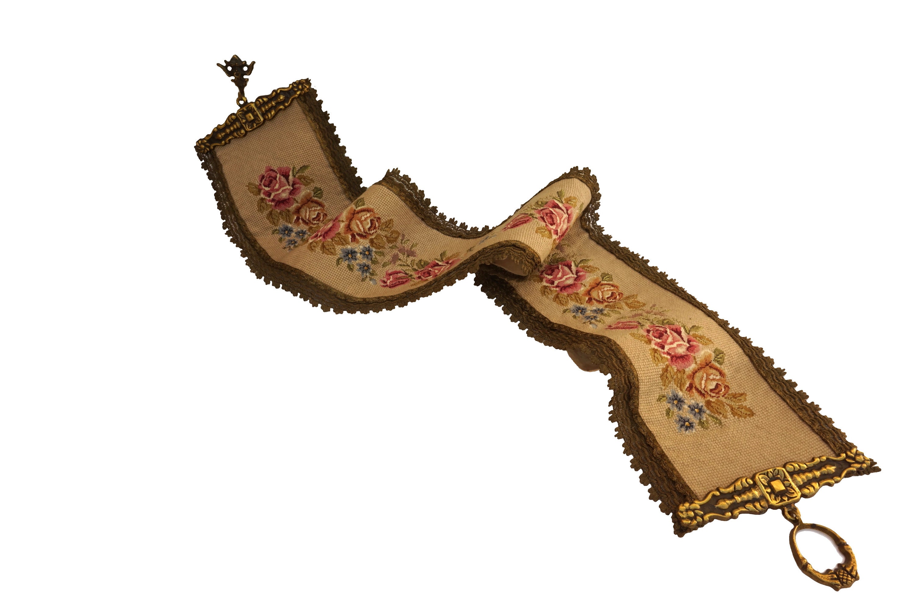 French Rose Tapestry Bell Pull, Vintage Needlework Flower Wall Hanging