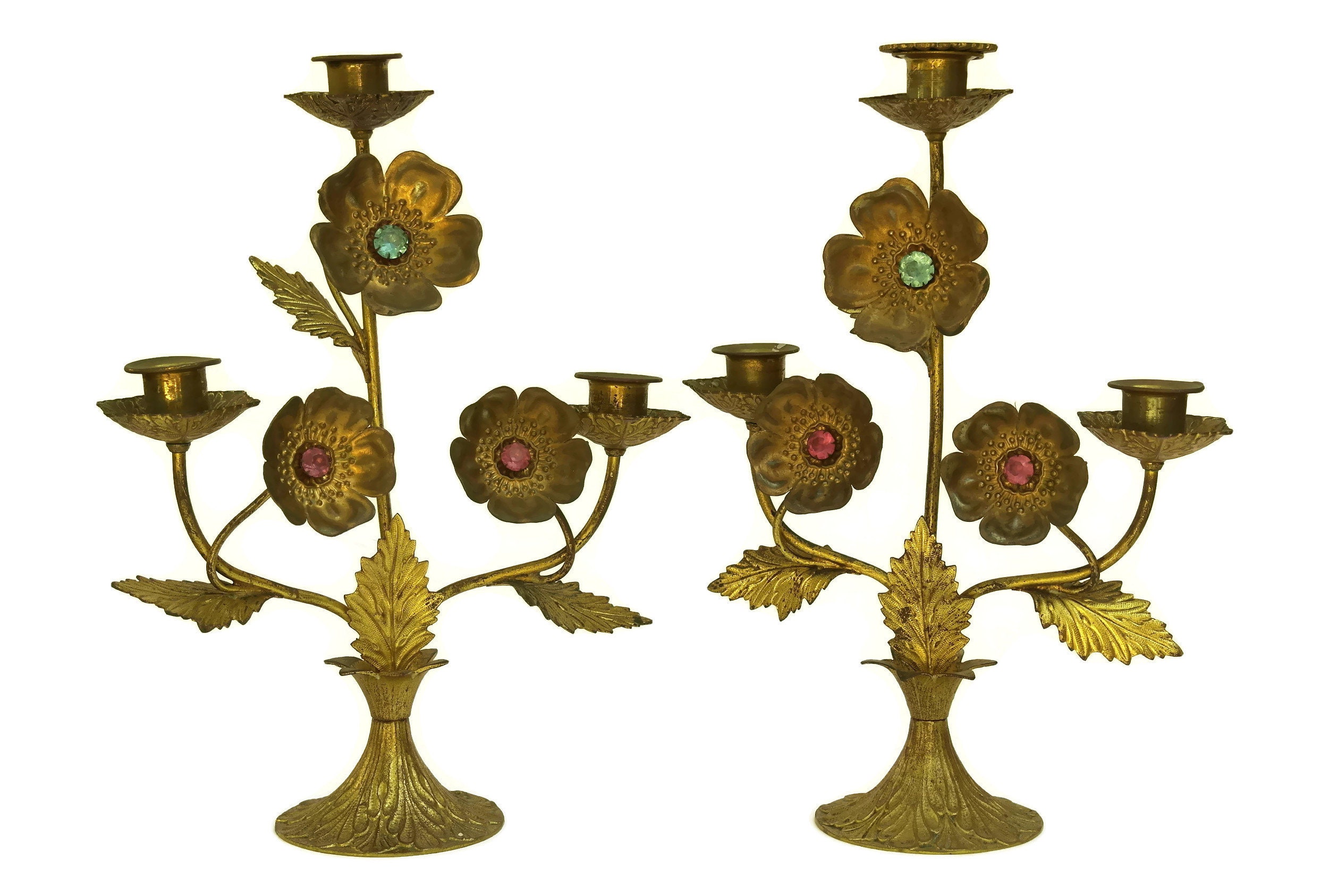 French Antique Church Altar Candelabra with Flowers and Faux Jewels