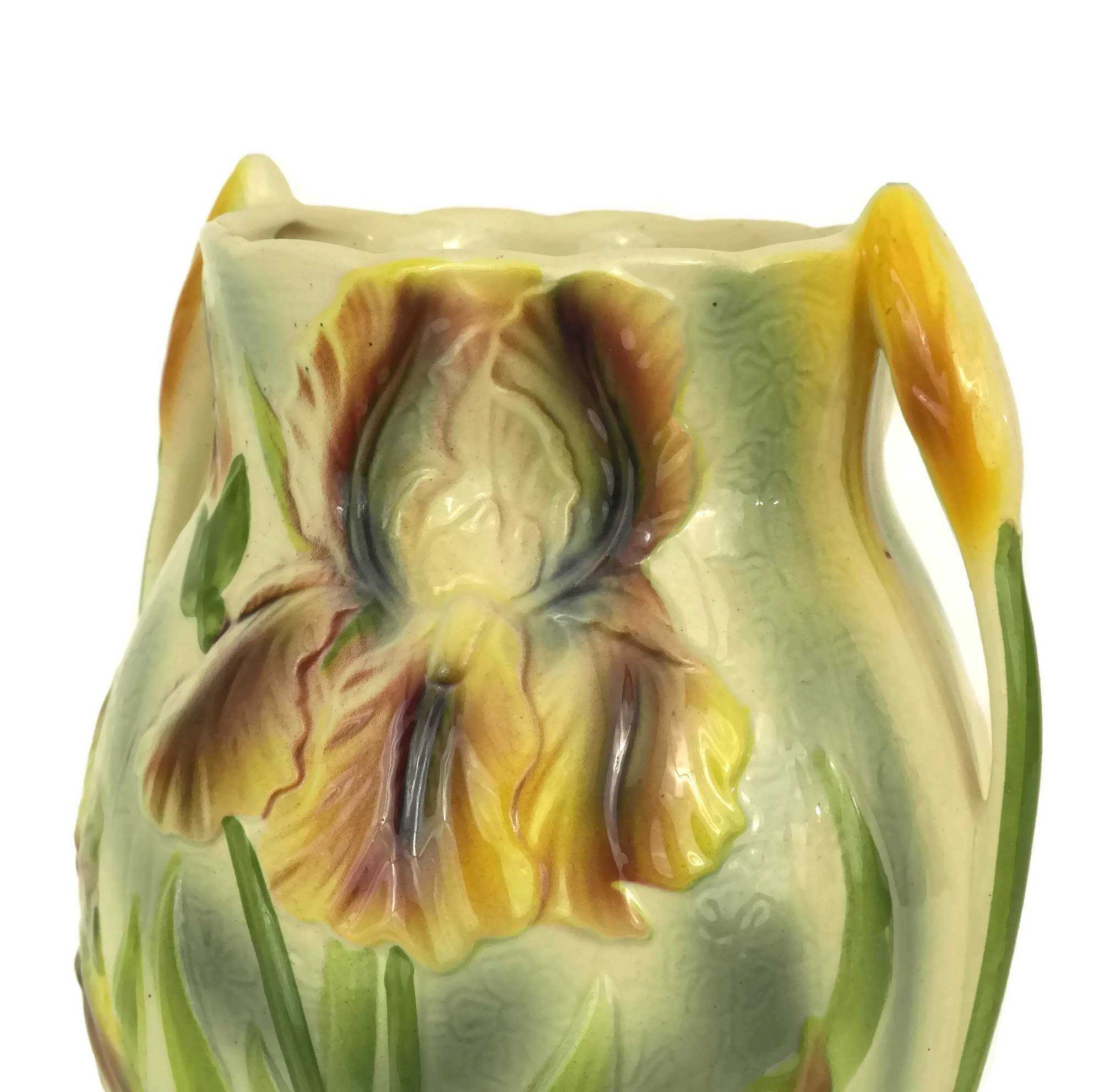 French Majolica Vase with Art Nouveau Iris Flower Decor. St Clement