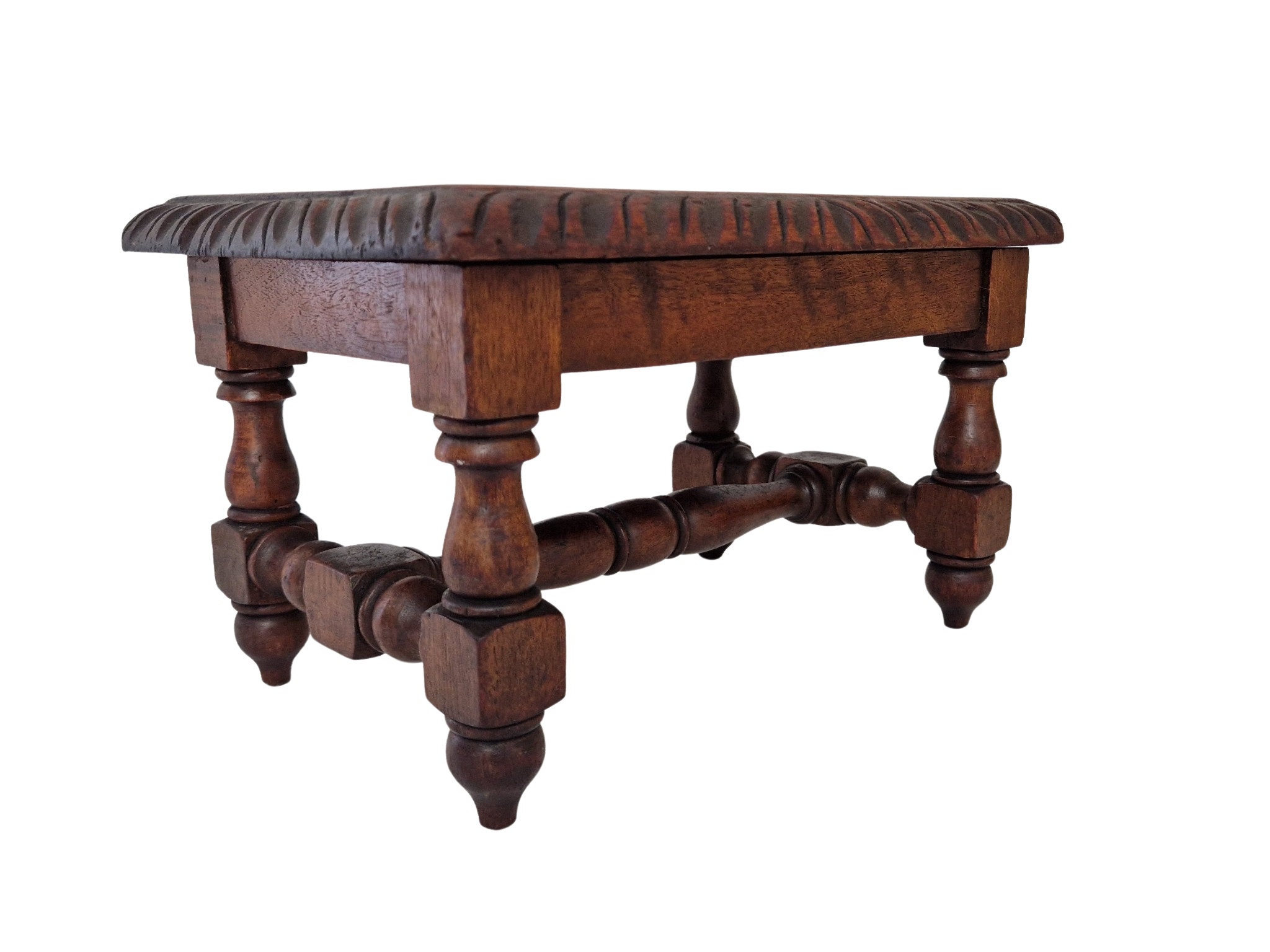 Antique Carved Wood Foot Rest, Rustic French Folk Art Stool