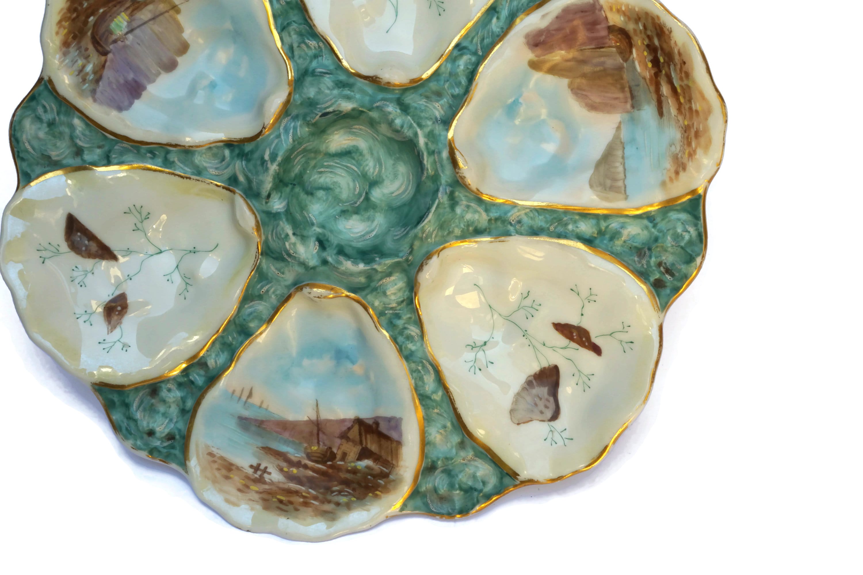 Antique Porcelain Oyster Plate with Hand Painted French Coastal Decor