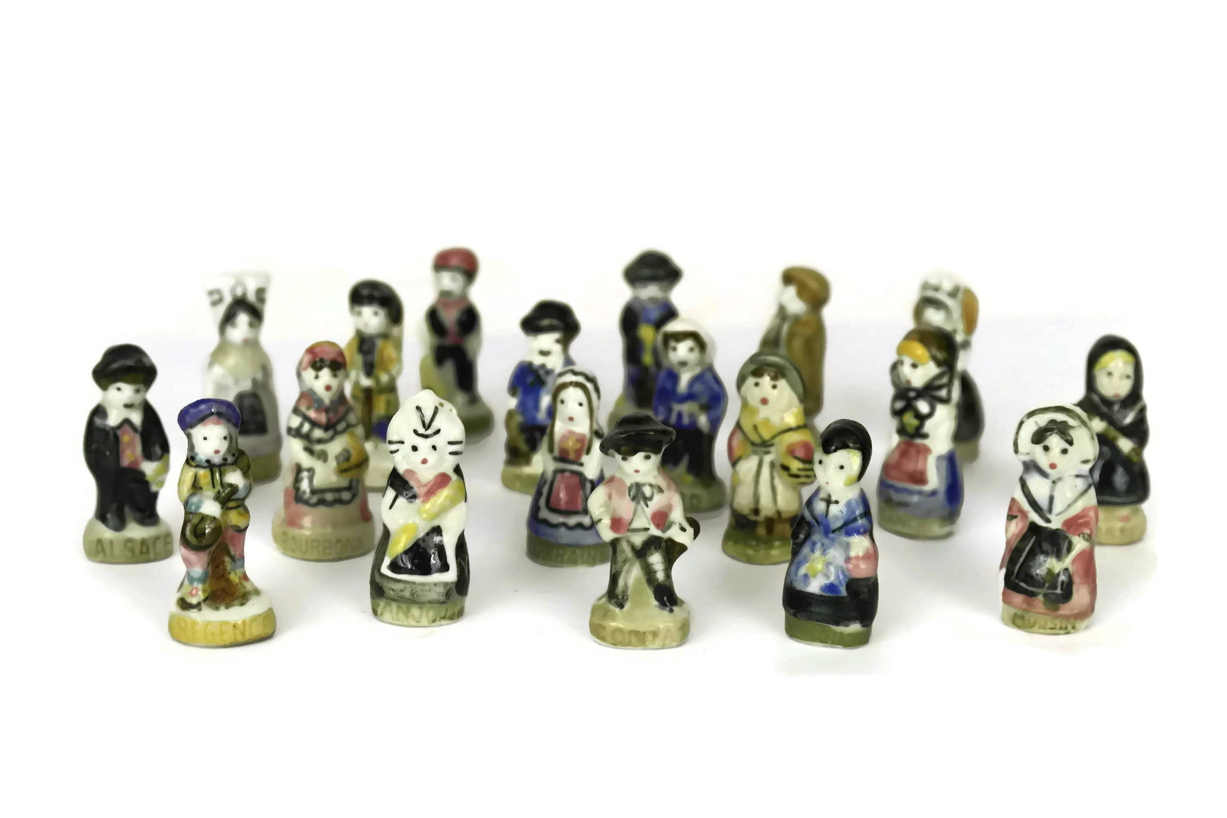 Miniature Porcelain Doll Figurines. Vintage French Feves Collection.  Regions of France Costumes and Dress Fashion Souvenir Figures.