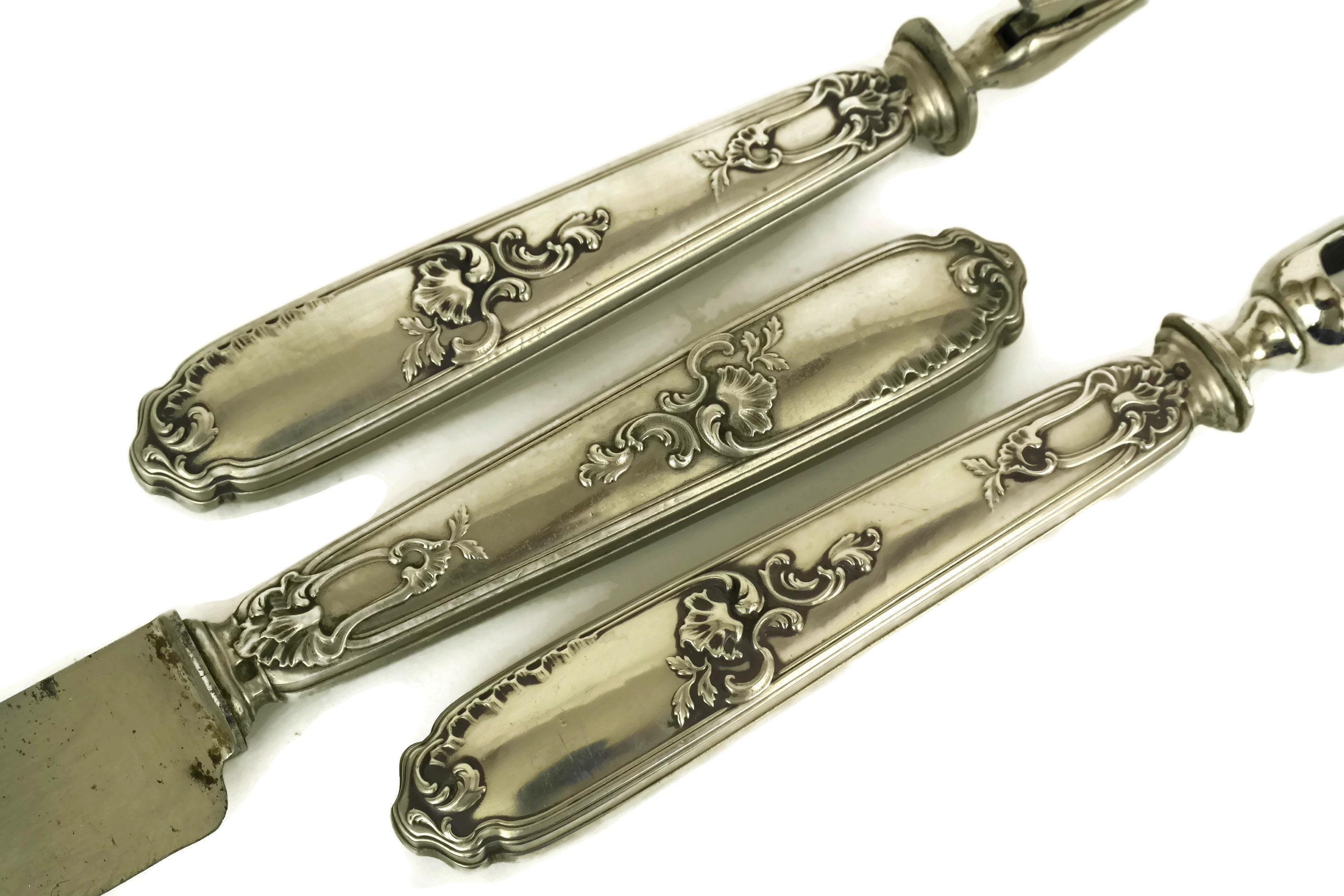 Antique Silver Carving Set with Knife, Fork and Roast Meat Clamp Bone