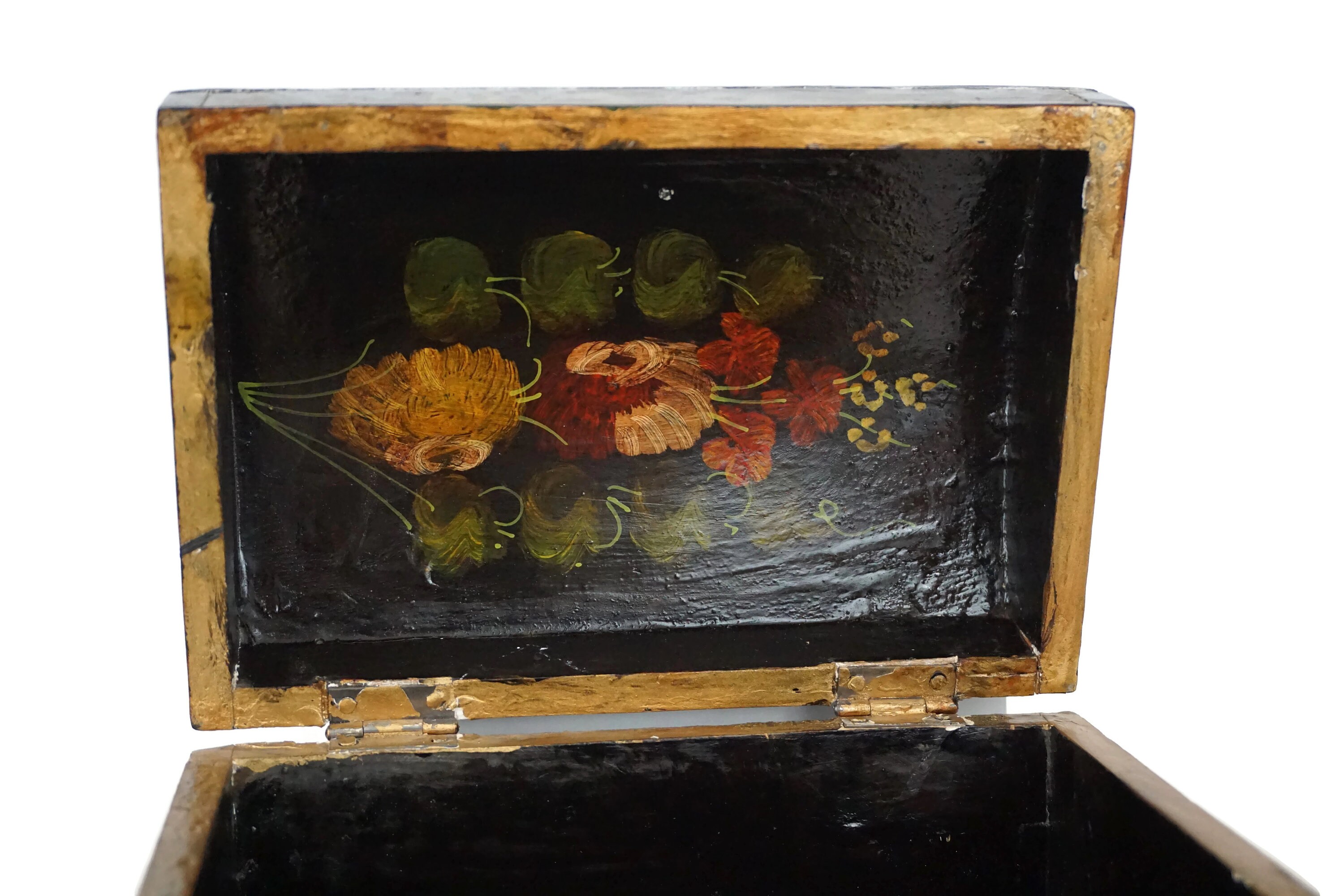 Painted Tole Flower Wooden Chest Jewelry Box, Folk Art Home Decor