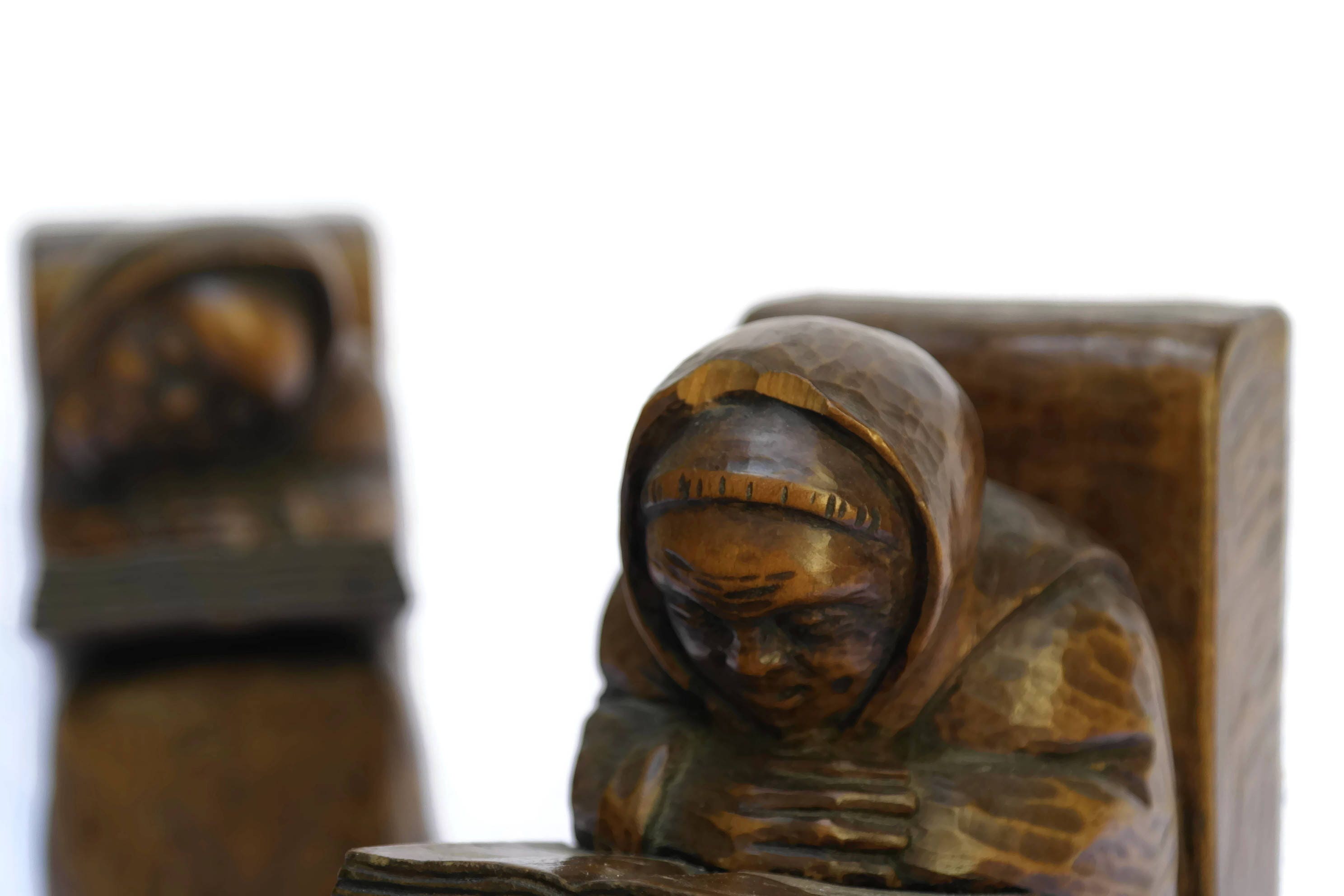 Carved Wood Reading Monks Bookends by H Rozier. Wooden Sculpture Monk