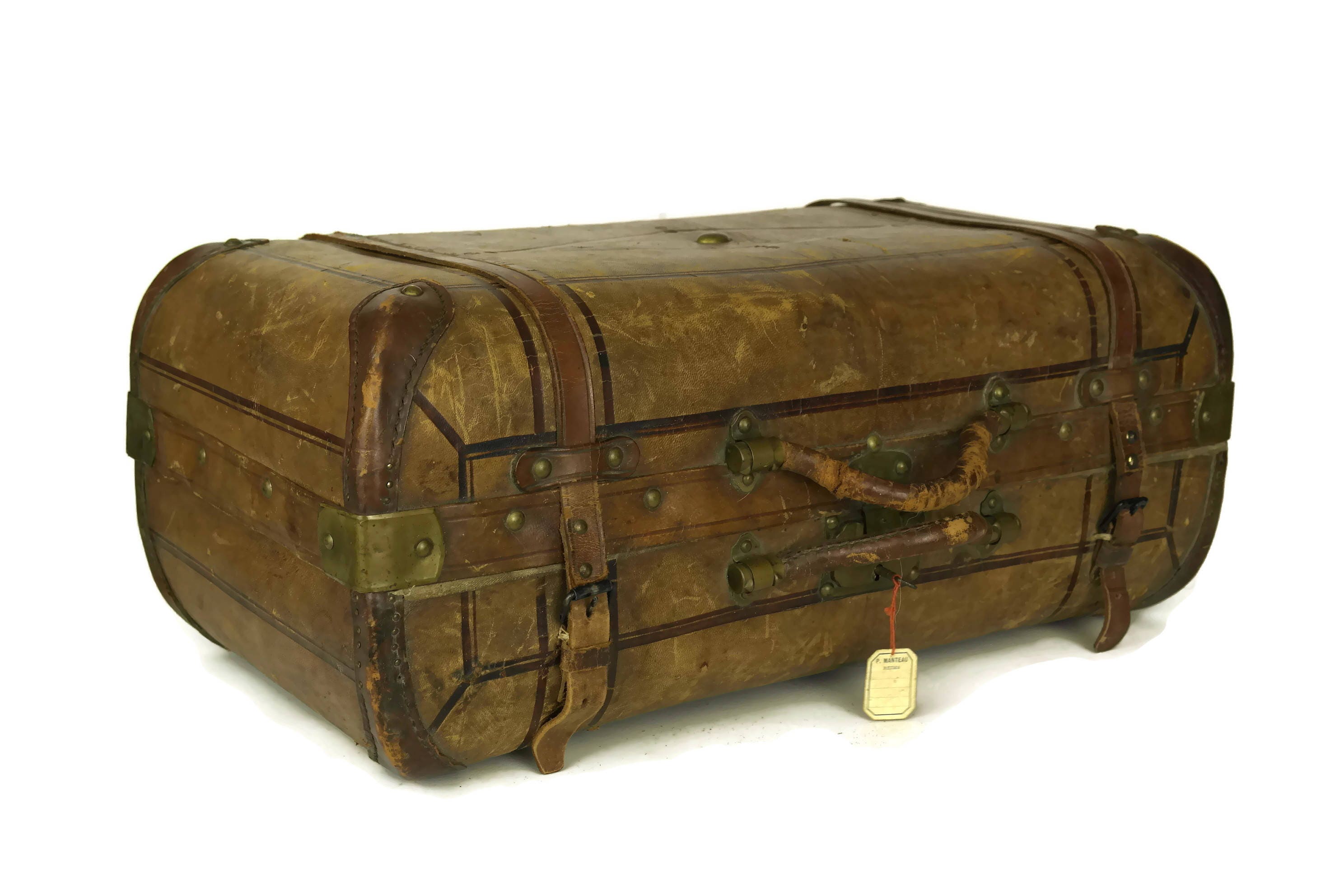 RESERVED for Springray. Antique Leather Suitcase. French Luggage with Straps. Brown Leather