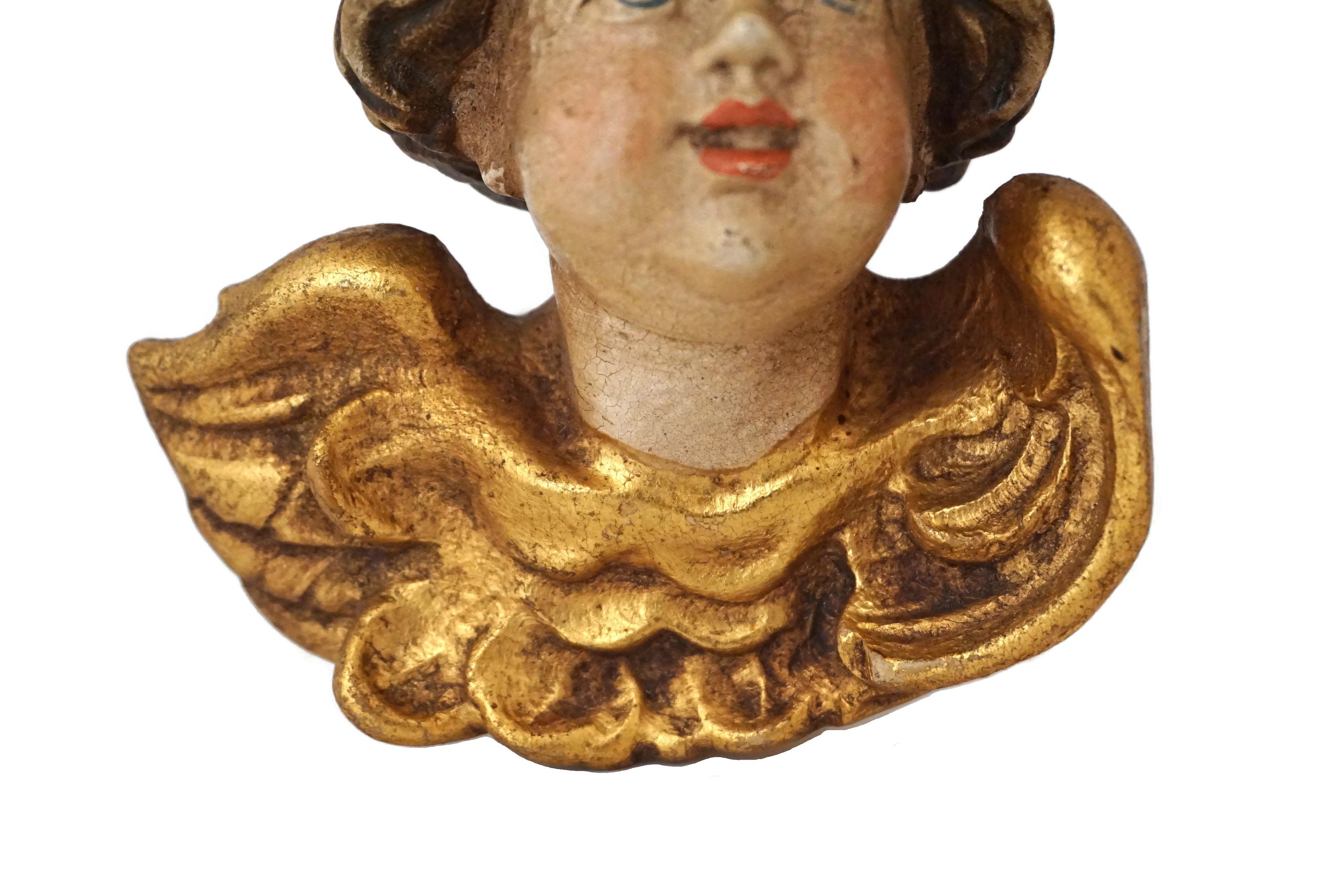 Hand Carved Cherub Putti Head Figurines, German Wooden Christmas Angel