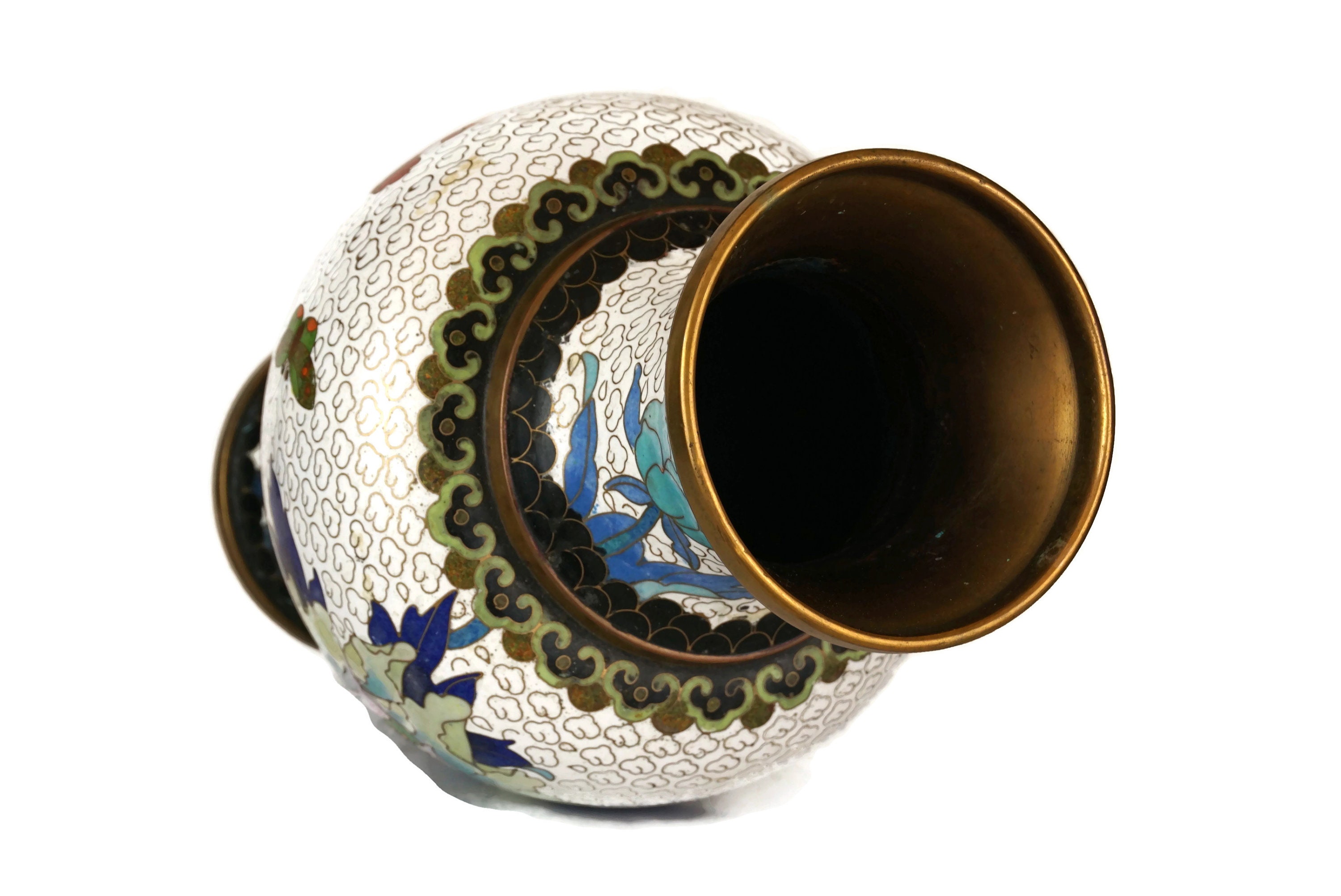 Vintage Cloisonne Vase with Flowers, Blue and White Enamel and Brass Asian Home Decor