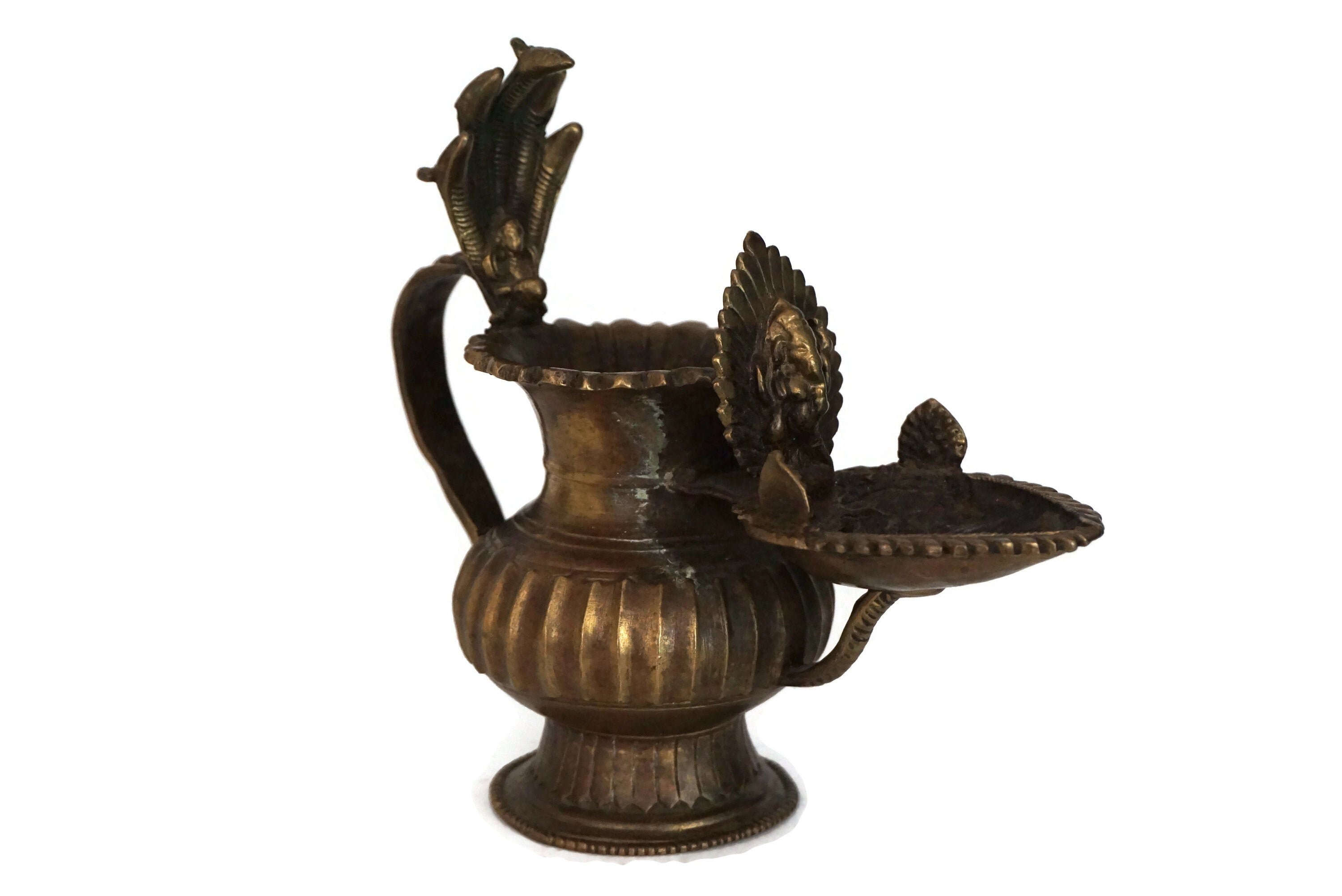 Lampe à Huile Antique de Sukunda Brass, Décor Maison Asiatique et Objets Collection
