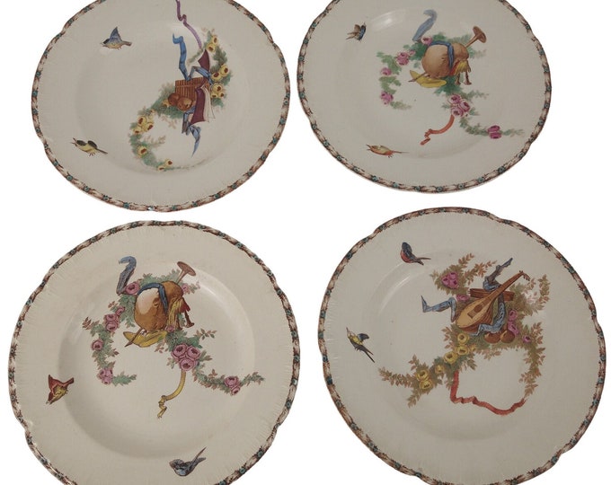 Antique French Ironstone Soup & Pasta Plates Set of 4 by Choisy Le Roi with Transferware Birds, Roses and Musical Instruments