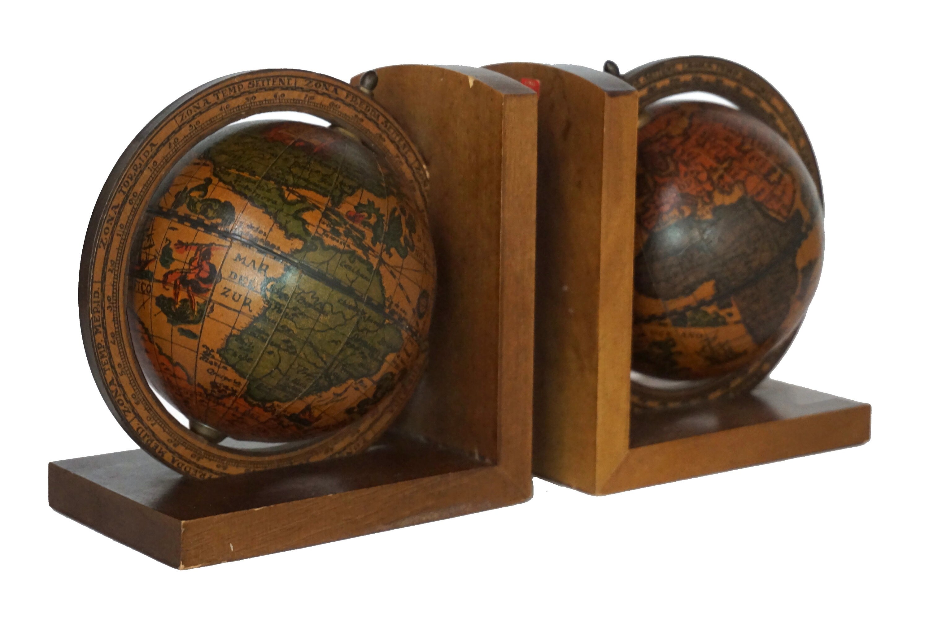 World Globe Wooden Bookends, Earth Map Desk and Office Decor