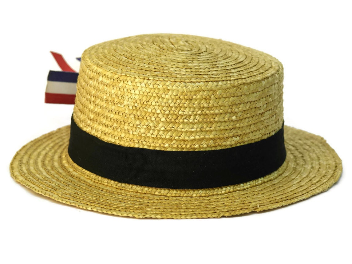 French Straw Boater Hat. Vintage Straw Hat with Bleu, Blanc, Rouge