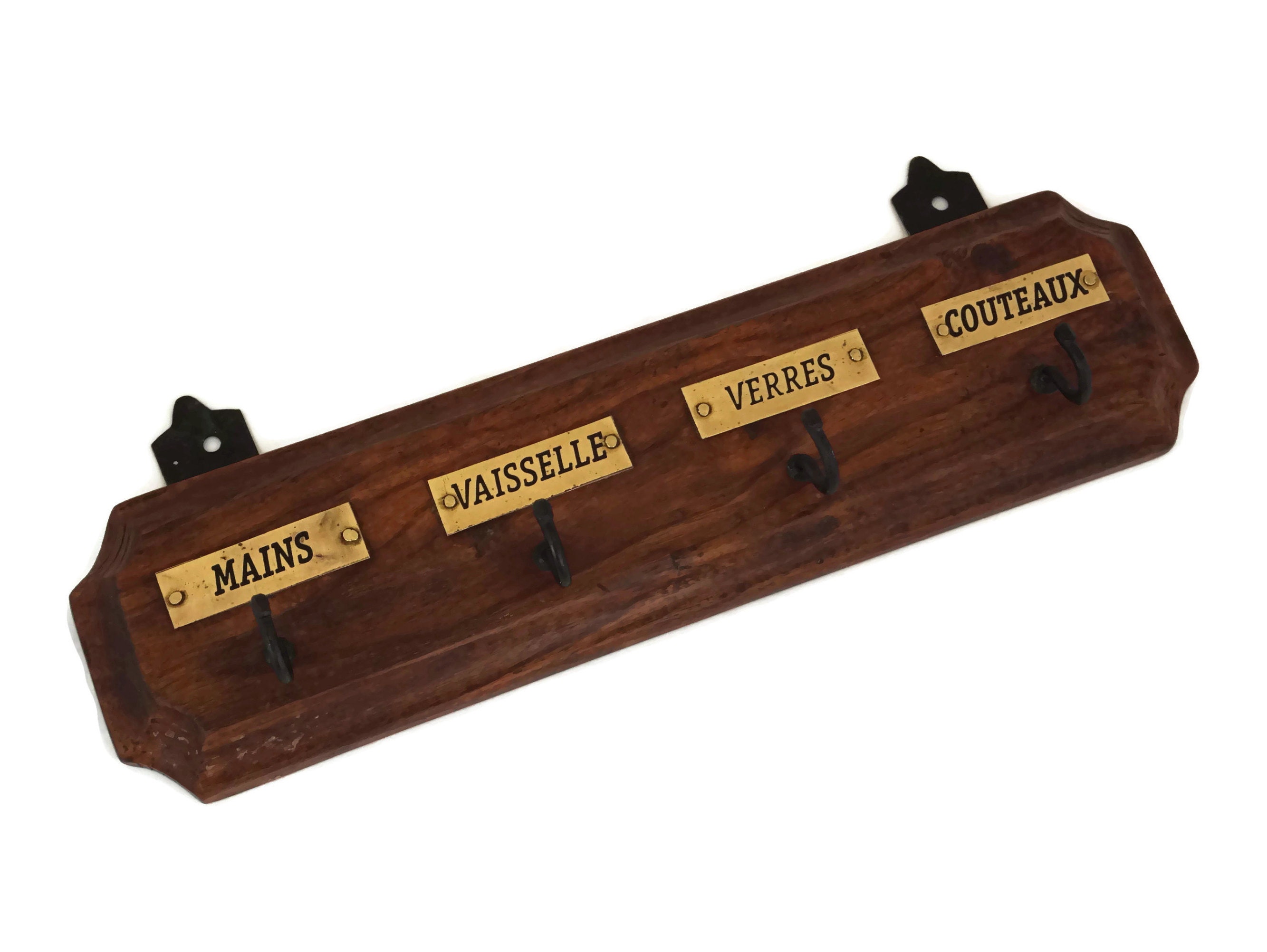 Vintage French Dish Towel Holder, Wood and Brass Kitchen Rack, Country