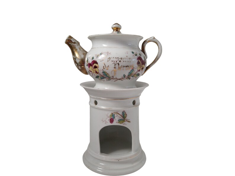Antique French Porcelain Teapot With Warmer Stand With Pansy Etsy