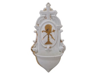Antique Paris Porcelain Holy Water Font Stoop with Cross and Chalice, Christian Home Wall Decor
