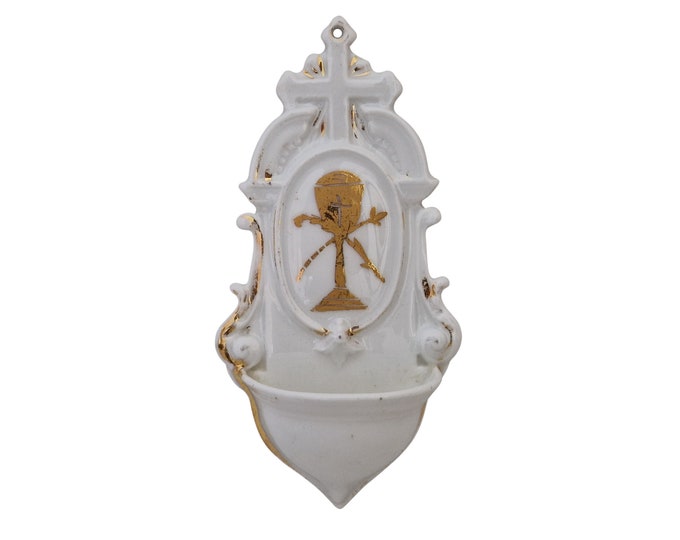 Antique Paris Porcelain Holy Water Font Stoop with Cross and Chalice, Christian Home Wall Decor